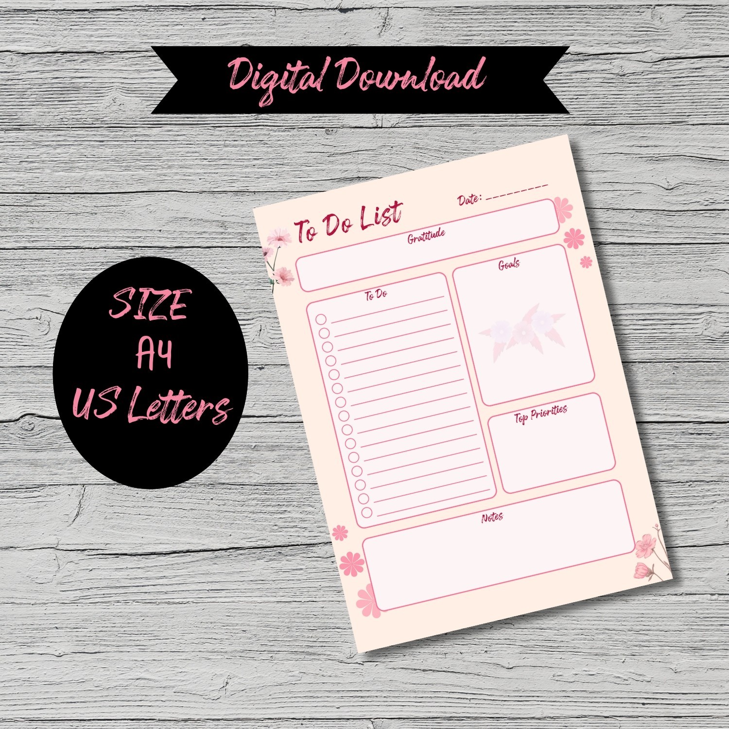 Floral To-Do List Printable | Daily Planner Digital Download | A4 & US Letter
