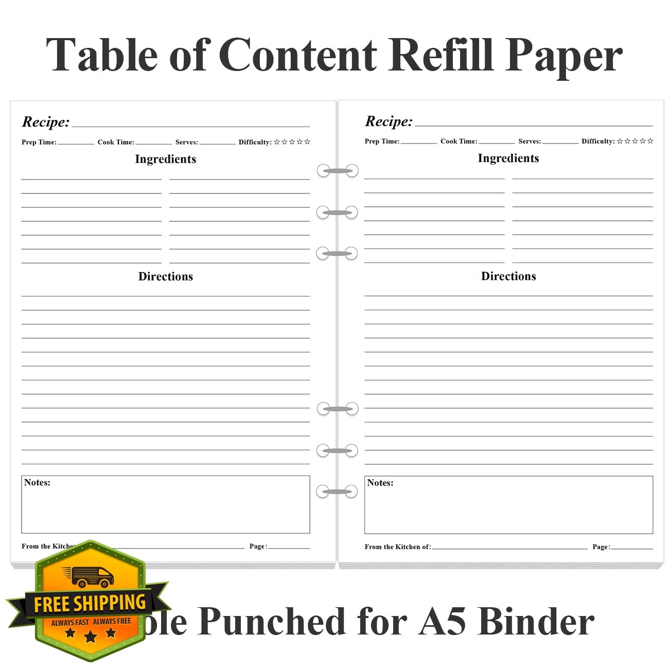 Yaridar A5 6-Hole Recipe Paper Refills 5.8×8.5