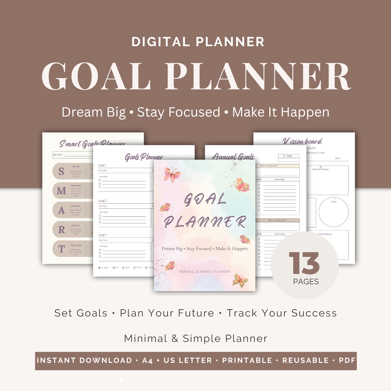 Digital Goal Planner PDF | Goodnotes iPad Planner, SMART Goals & Vision Board