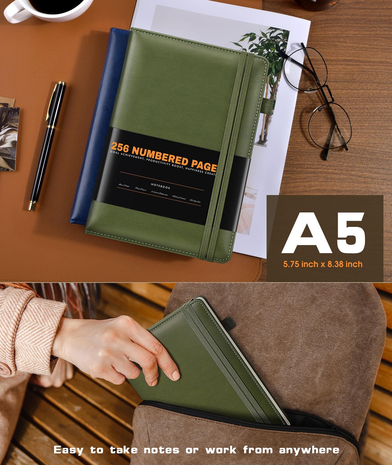 Lined Journal Notebook for Women Men, 256 Numbered Pages Olive Green