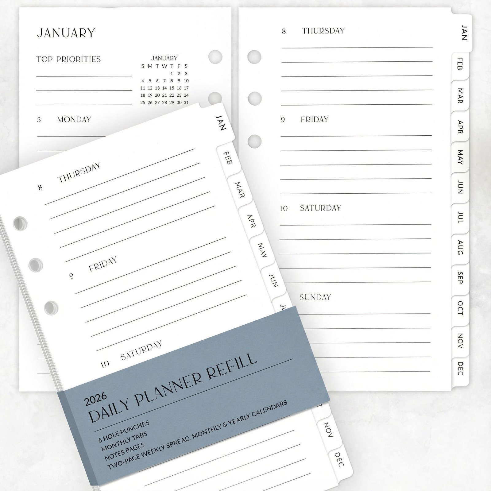 Black White 2026 Daily Planner Personal Size 6 Ring 3.75 x 6.75 Inch