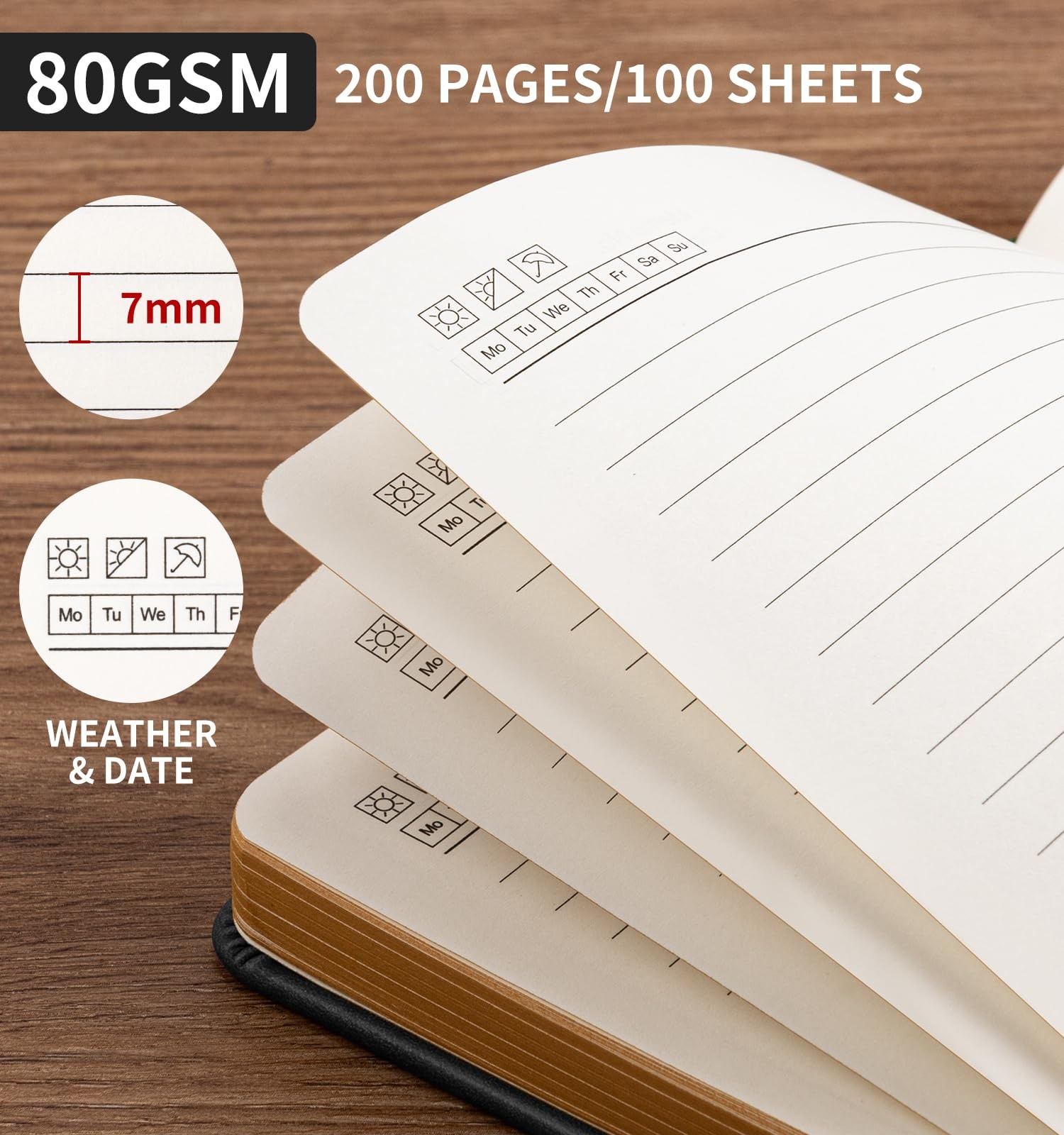 Lined Journal Notebook, A5 200 Pages Leather Journals For 200 Pgs-Black