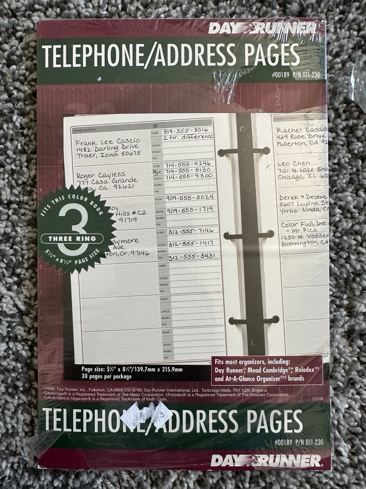 Vintage 1994 Day Runner Day Planner Telephone/Address 5.5″ x 8.5″ Refill Pages