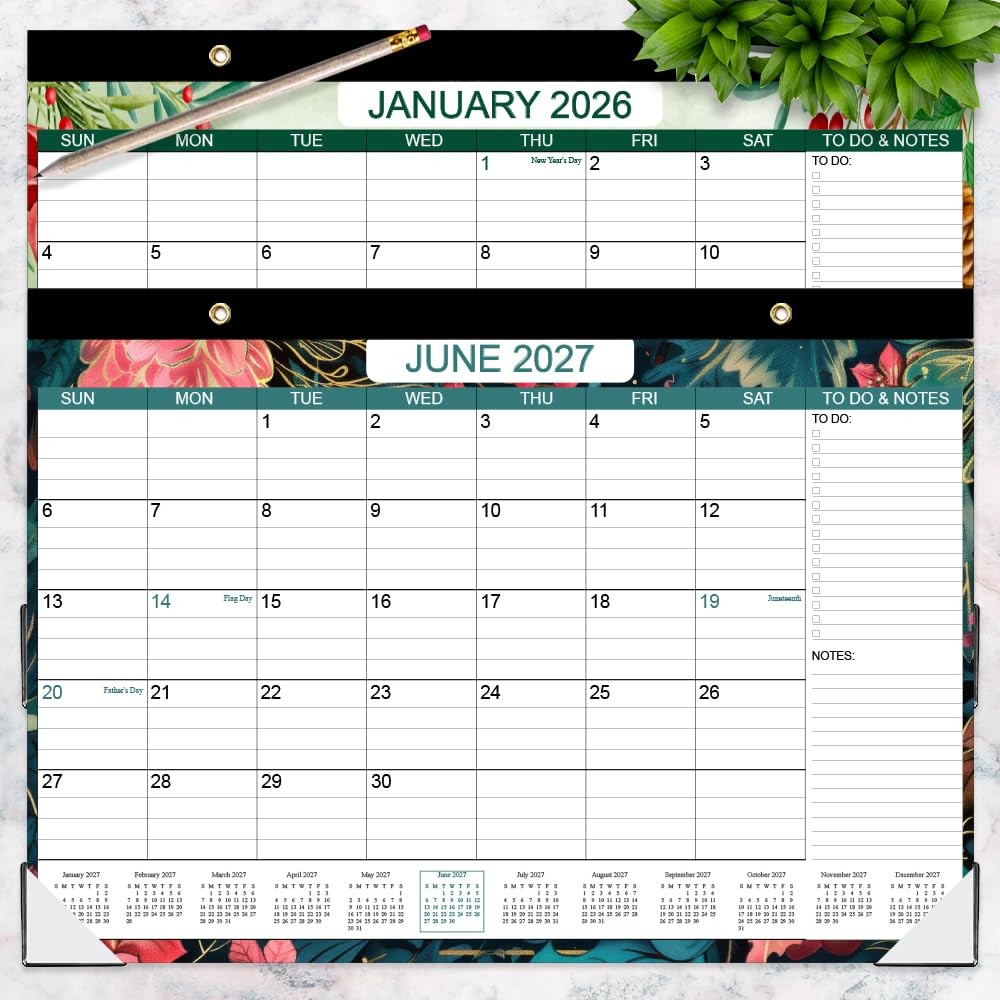 Desk Calendar 2026-2027, Runs Apr 2026 to Jun 2027, 17″ x 12″, Floral