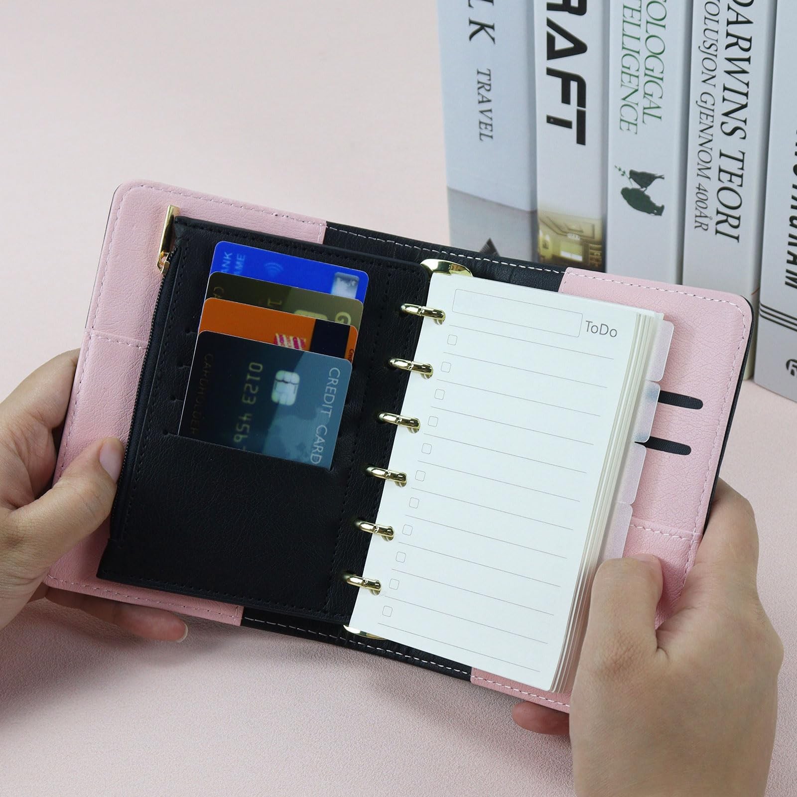Koqye A7 Refillable Planner Small Binder Notebook 6 Ring, A7, Black & Pink