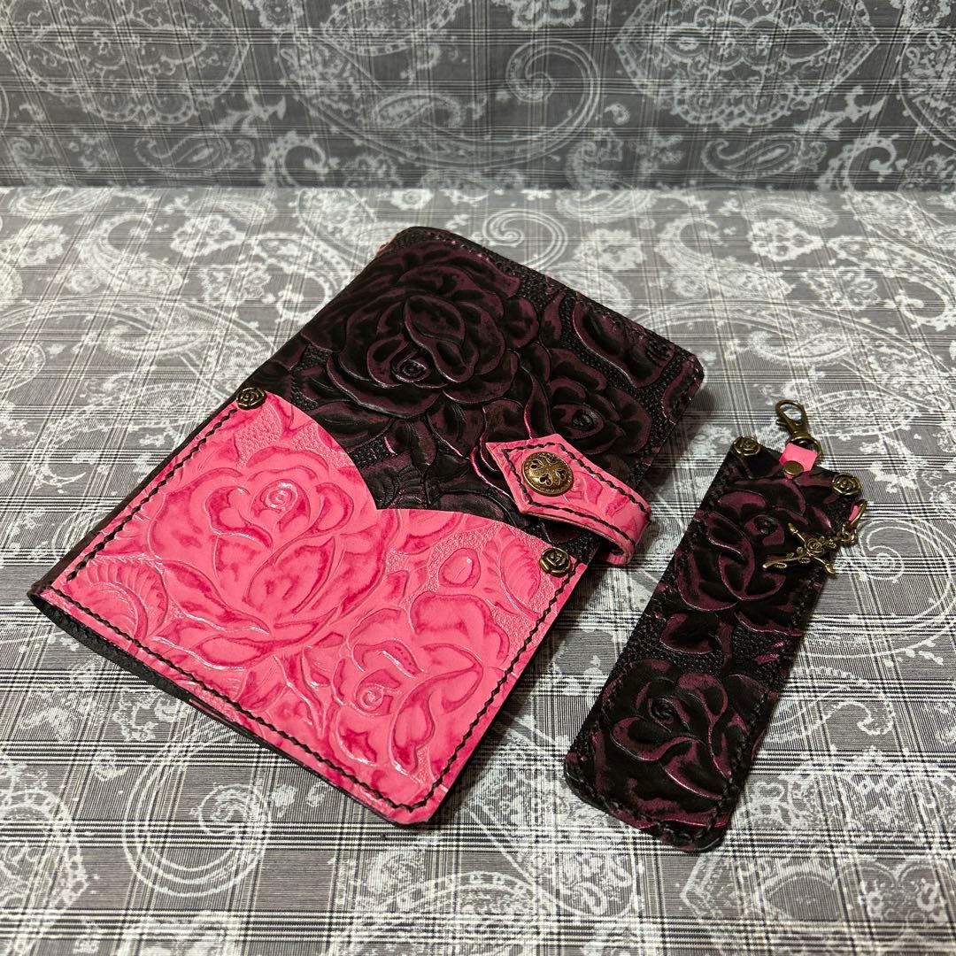Genuine Leather B6 Notebook Cover Pen Case Pink Sparkly Black Used