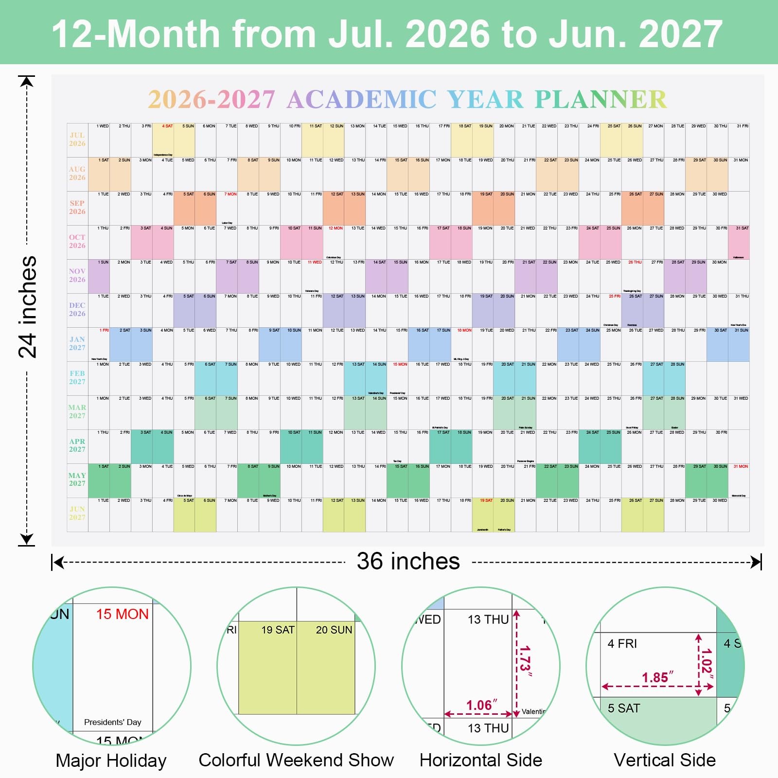 24″ x 36″ Exellewis 2026-2027 Academic Wall Calendar, 24″W x 36″H, colorful