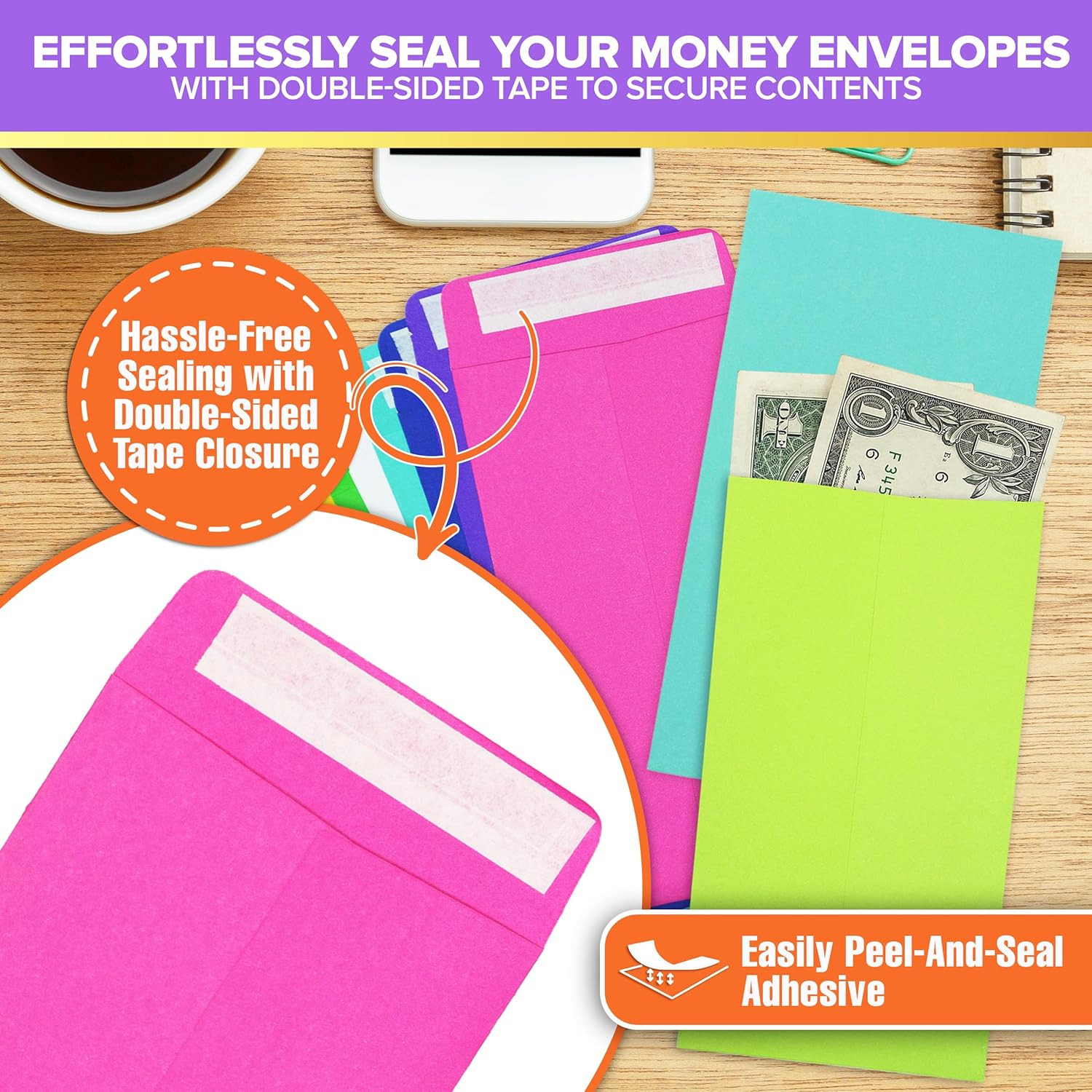110 Pack Colorful Money Envelopes for Cash with Double-Sided Tape, 3.5×6.5in Col