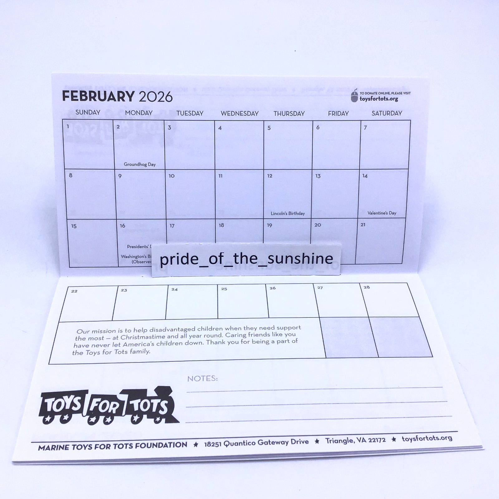 2026 Pocket Calendar Marine Toys For Tots Foundation 12 Month Planner 6.5″x 3.5″