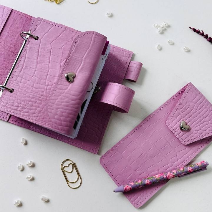 Luxury Genuine Leather Mini Planner Set – Pocket Size A7 – Lilac Croc Embossed