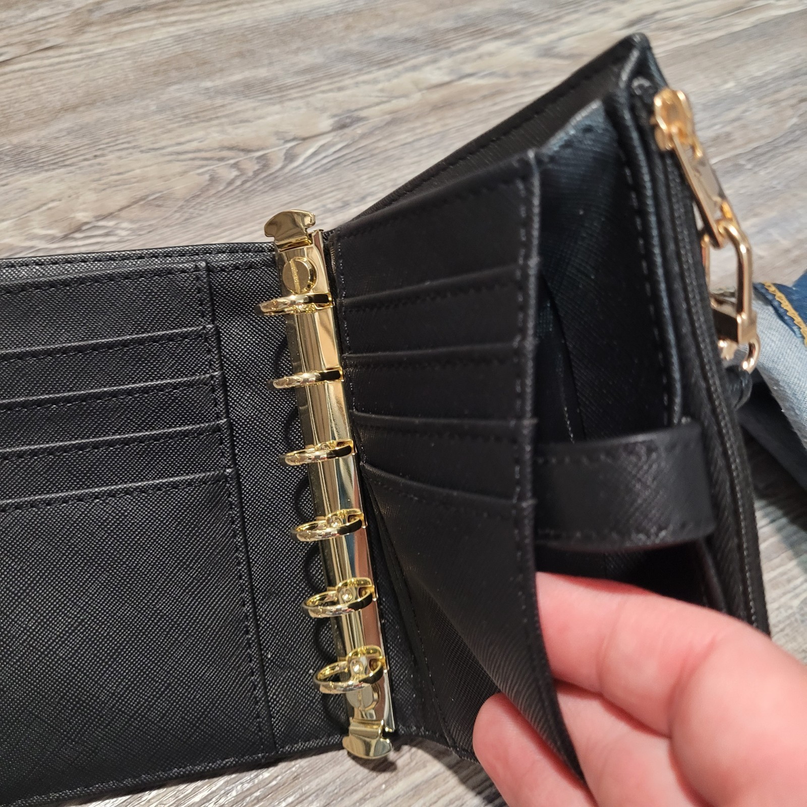 Black BiFold A7 Binder Wallet 15mm Gold Rings with Large Back Pocket