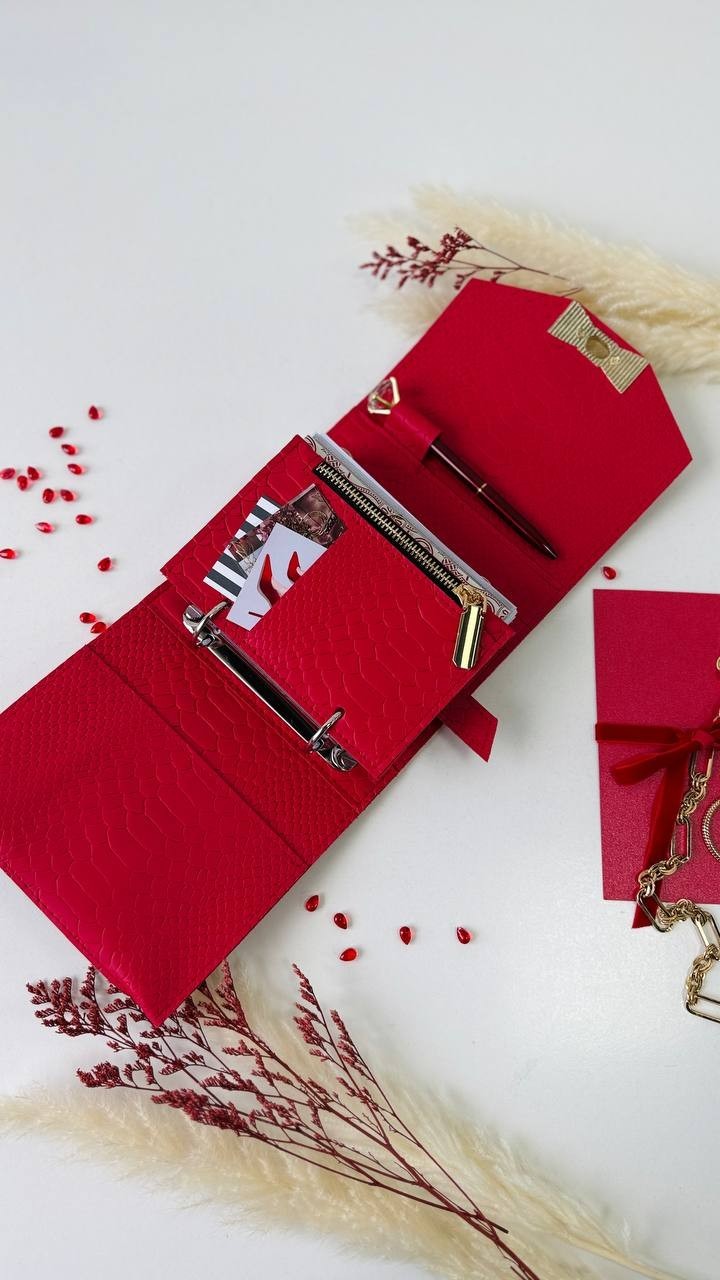 Red leather notebook cover A7 mini wallet. Lined day with time planner gift.