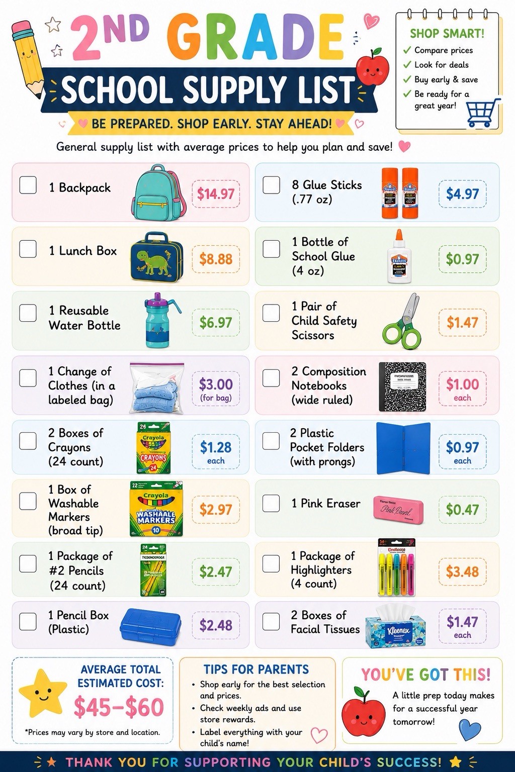 2nd Grade School Supply List Printable |Shopping Checklist PDF| Instant Download