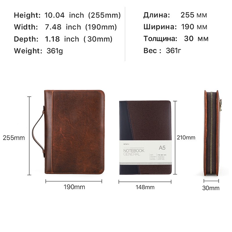 A5 Leather Journal Cover Zippered Portfolio Business Notebook Sleeve Pen Holder