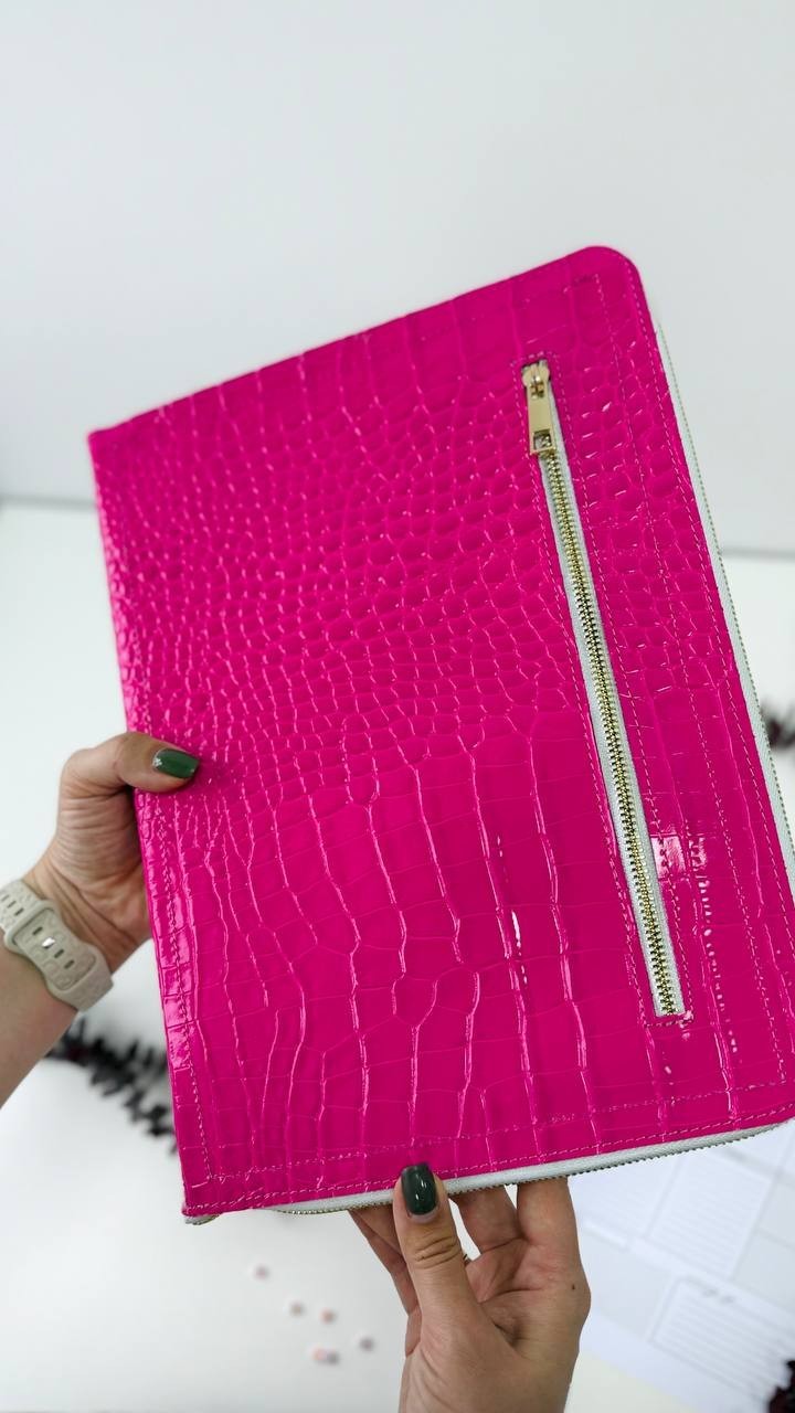 Italian Leather A4 Portfolio. Pink A4 planner Zippered Binder.
