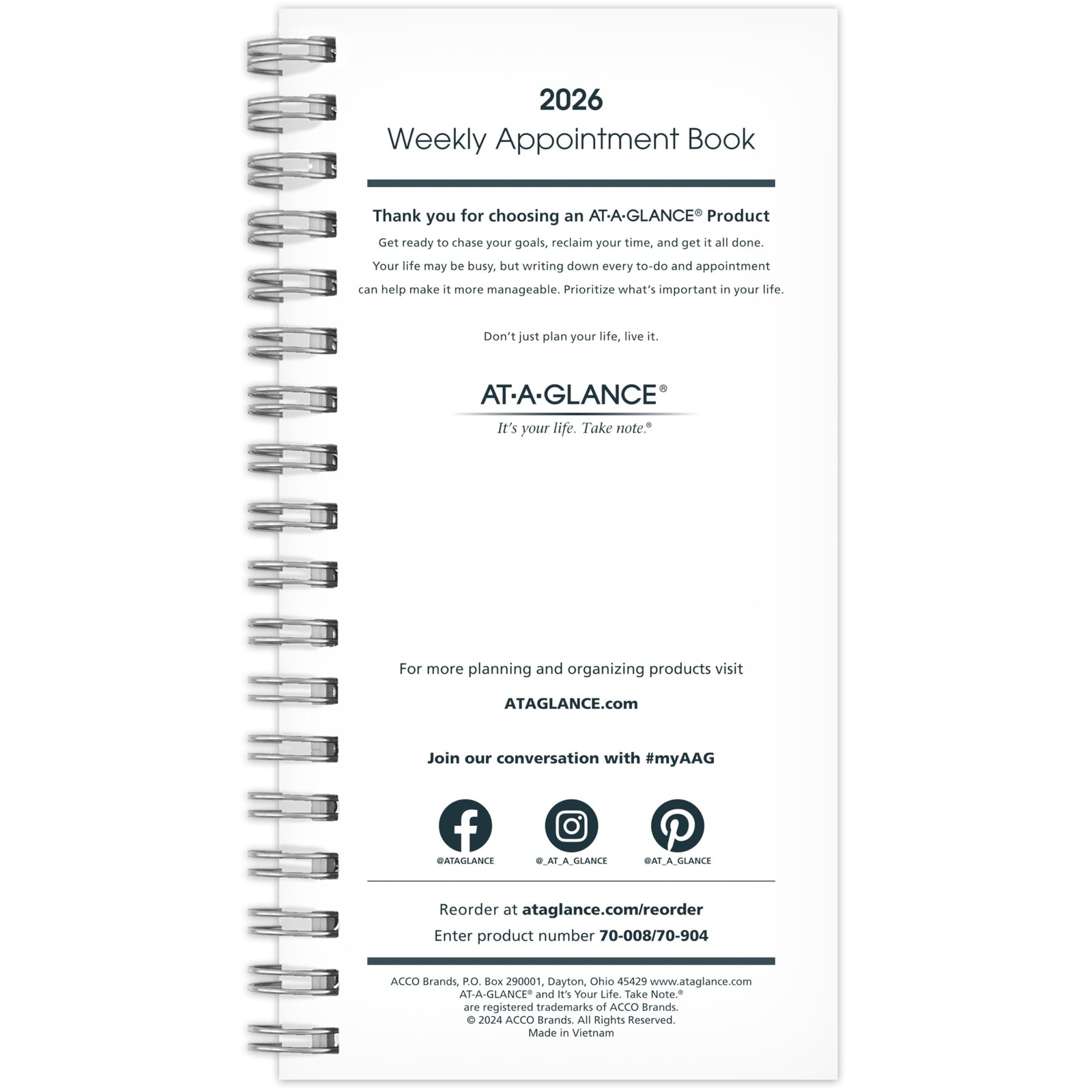 2026 Weekly Appointment Book Planner Refill for 70-008 3-1/4 x 6-1/4 Pock