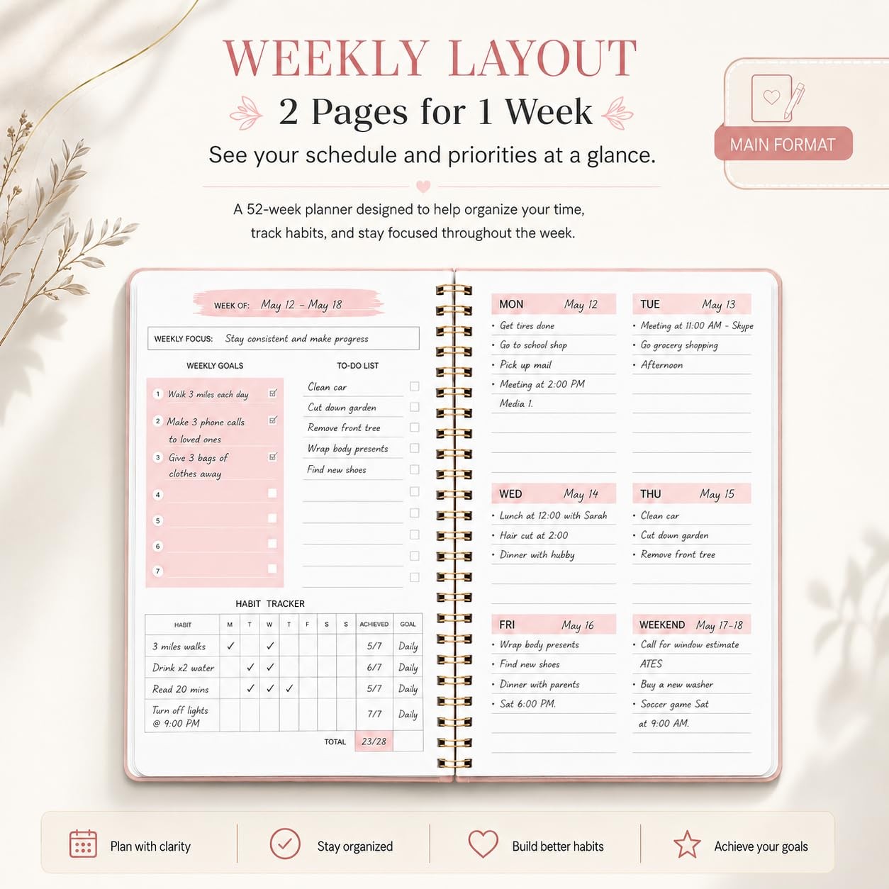 Undated Weekly Planner With Habit Tracker & To Do List 5.7 x 8.0 inch s, Pink
