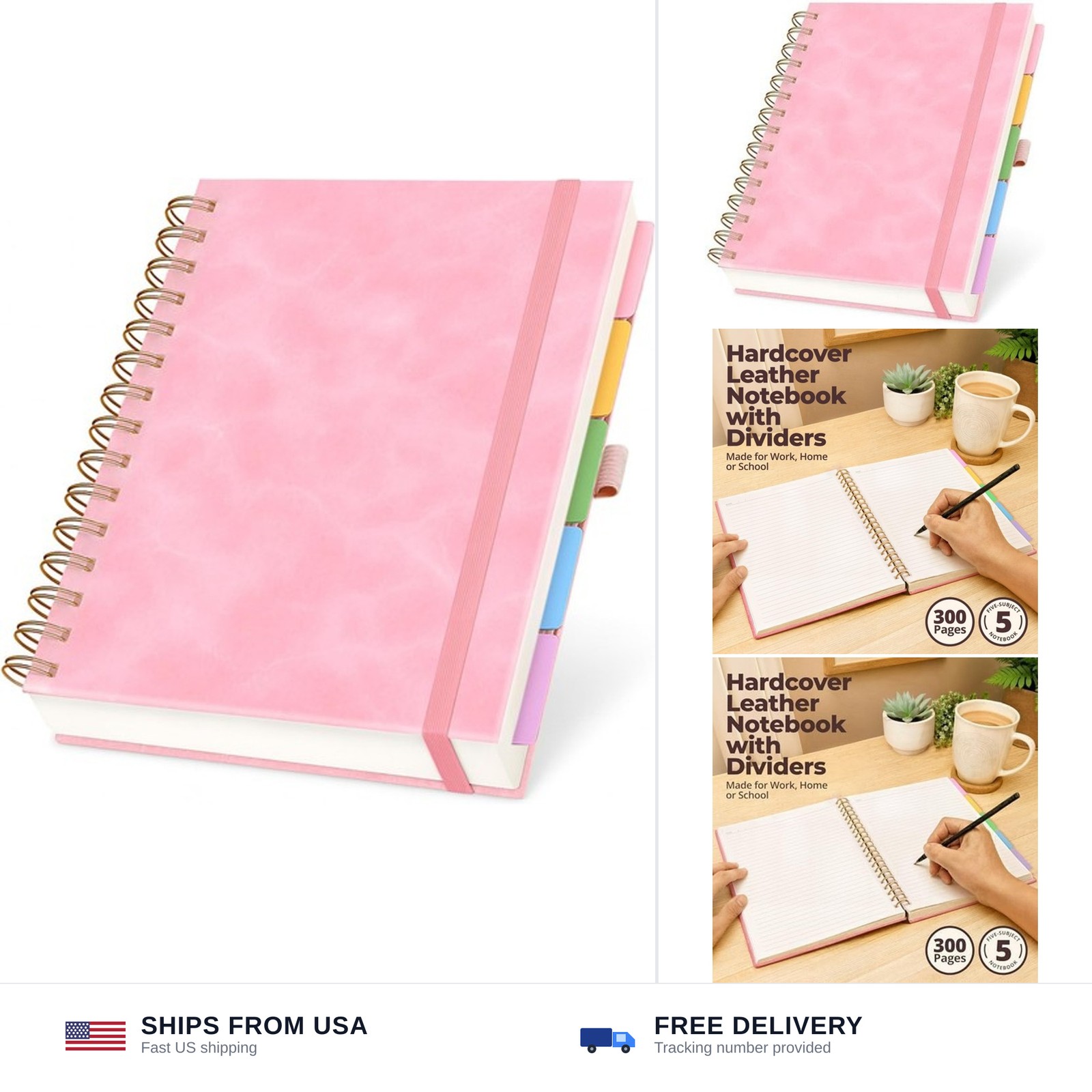 Hardcover Leather Lined Spiral Notebook 8×10″ with Removable Dividers – Pink …