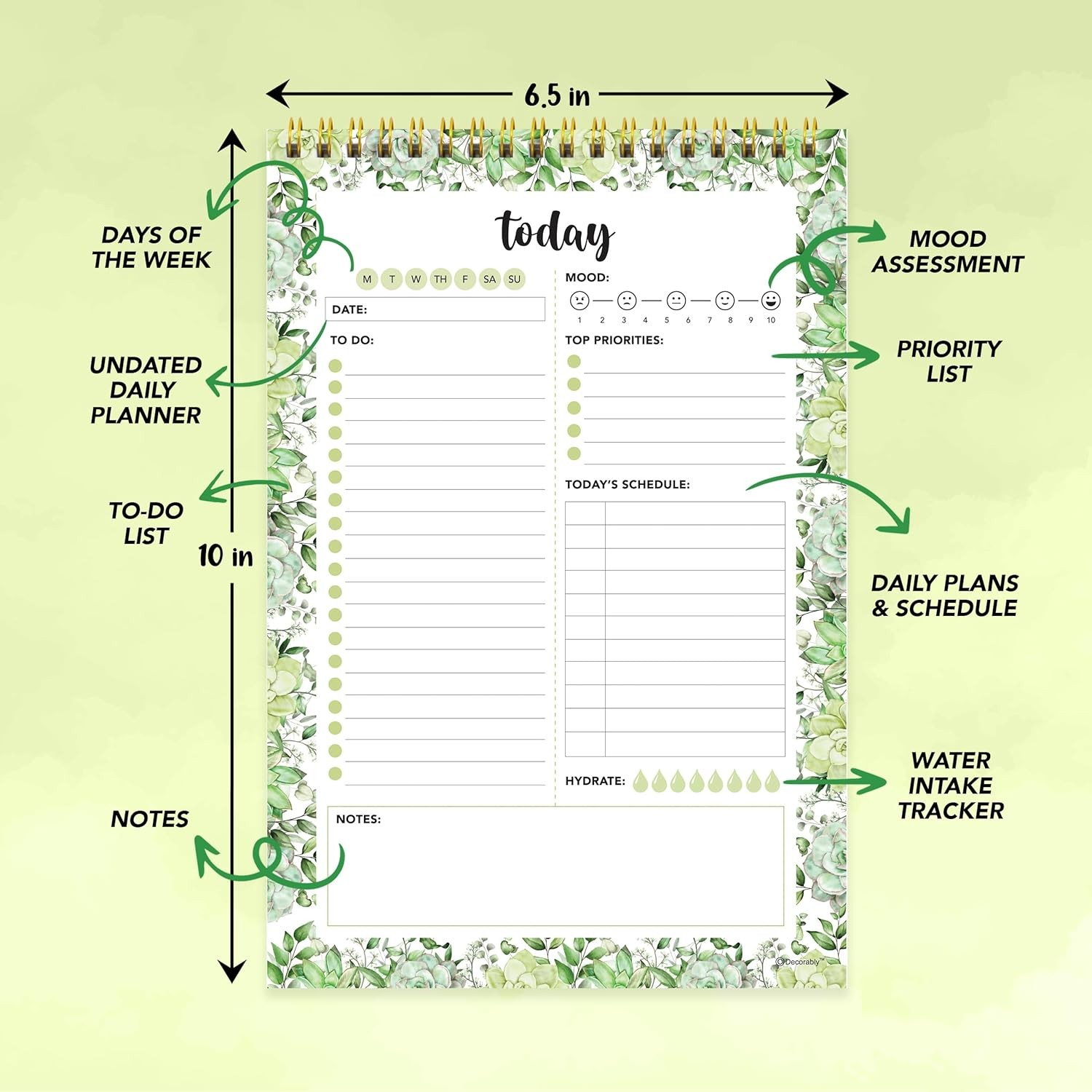 Decorably 52 Sheets Greenery Undated Daily to Do List Notepad with Water Tracker