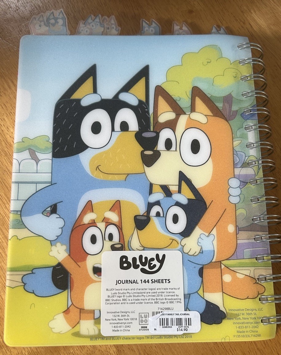 Bluey Spiral Notebook 8×7, 144 Lined Pages, Vinyl Cover, 6 Tab Dividers