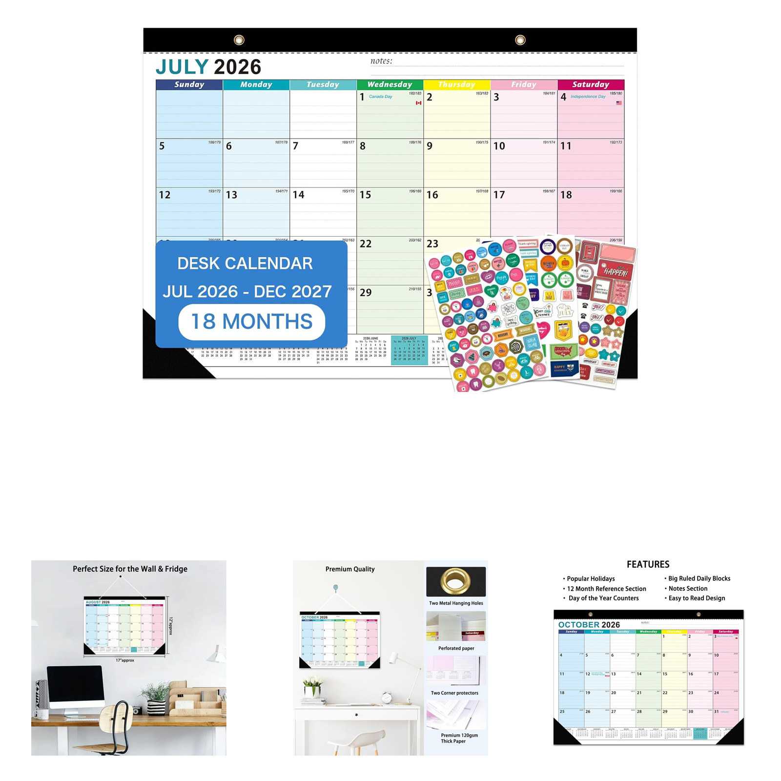 Desk Calendar 2026 2027 18 Month July December Large Paper Cover Stickers Office