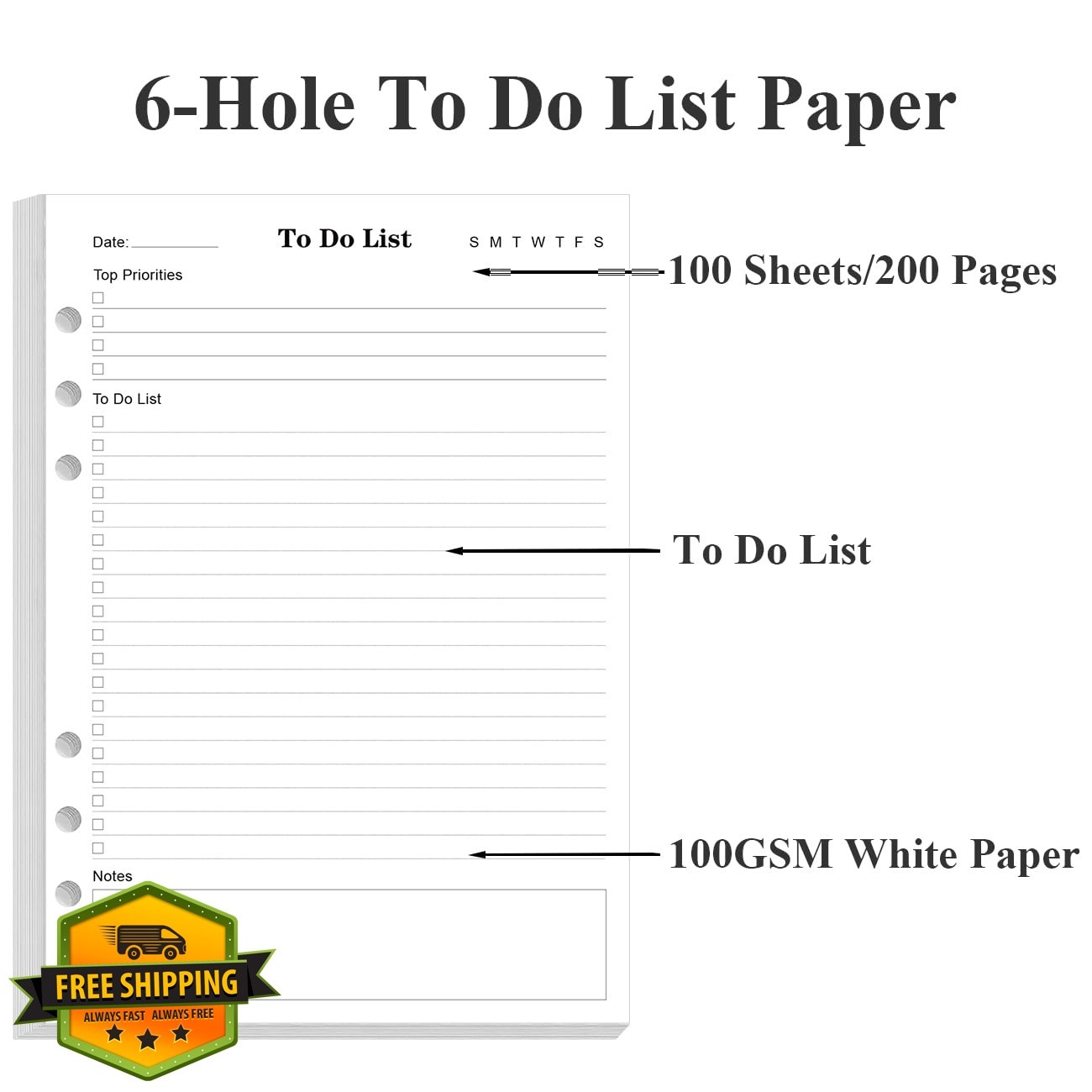 Yaridar A5 To Do List Inserts 100 Sheets 6-Hole