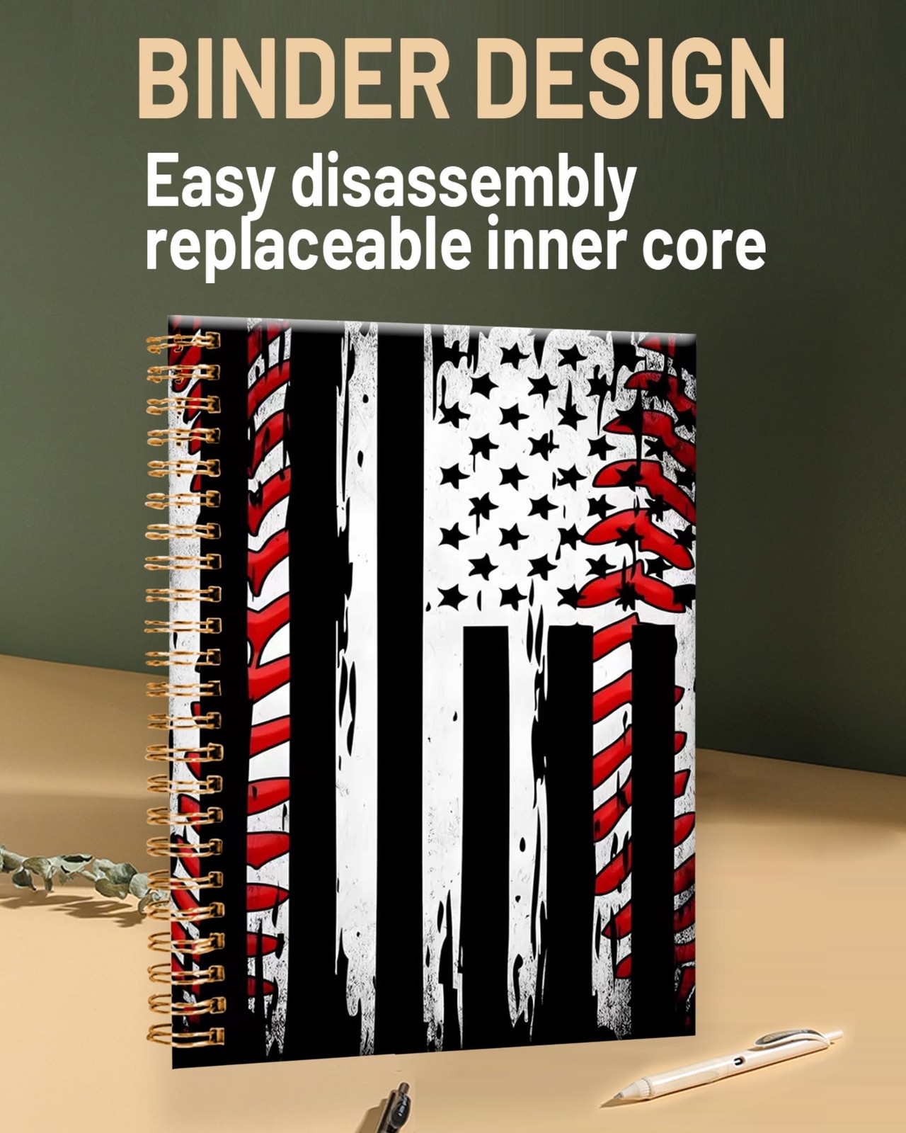 FVBAO Spiral Journal Notebook for Women,A5 College Baseball American Flag