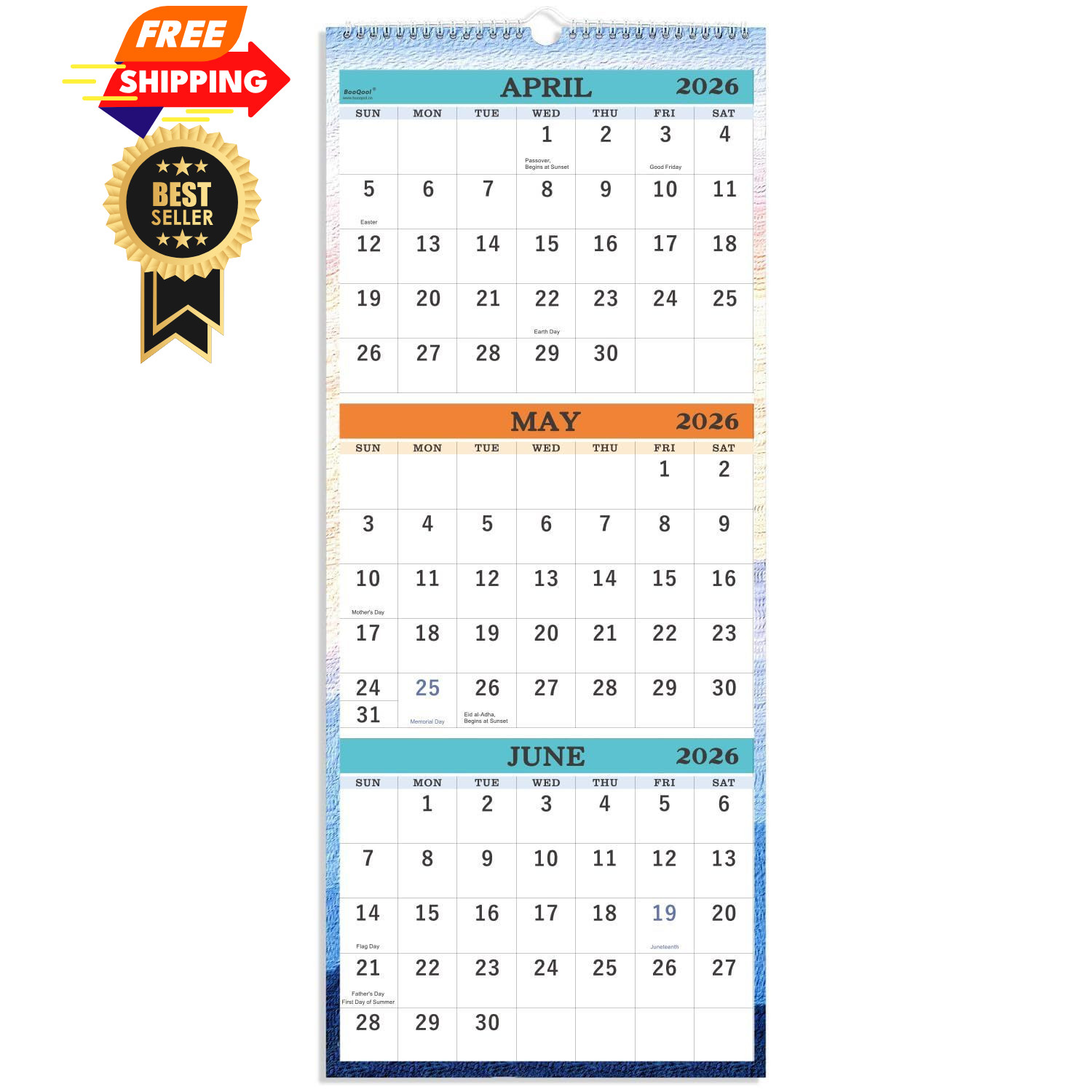 2026-2027 Wall Calendar – April 2026 – July 2027, 3-Month Large, White