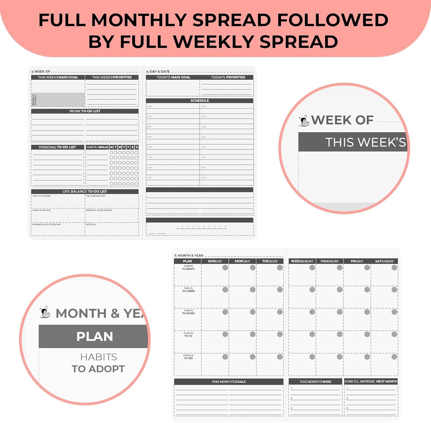 Undated Weekly and Monthly Planner, Stickers, Ribbon Bookmarks, Purple Marble