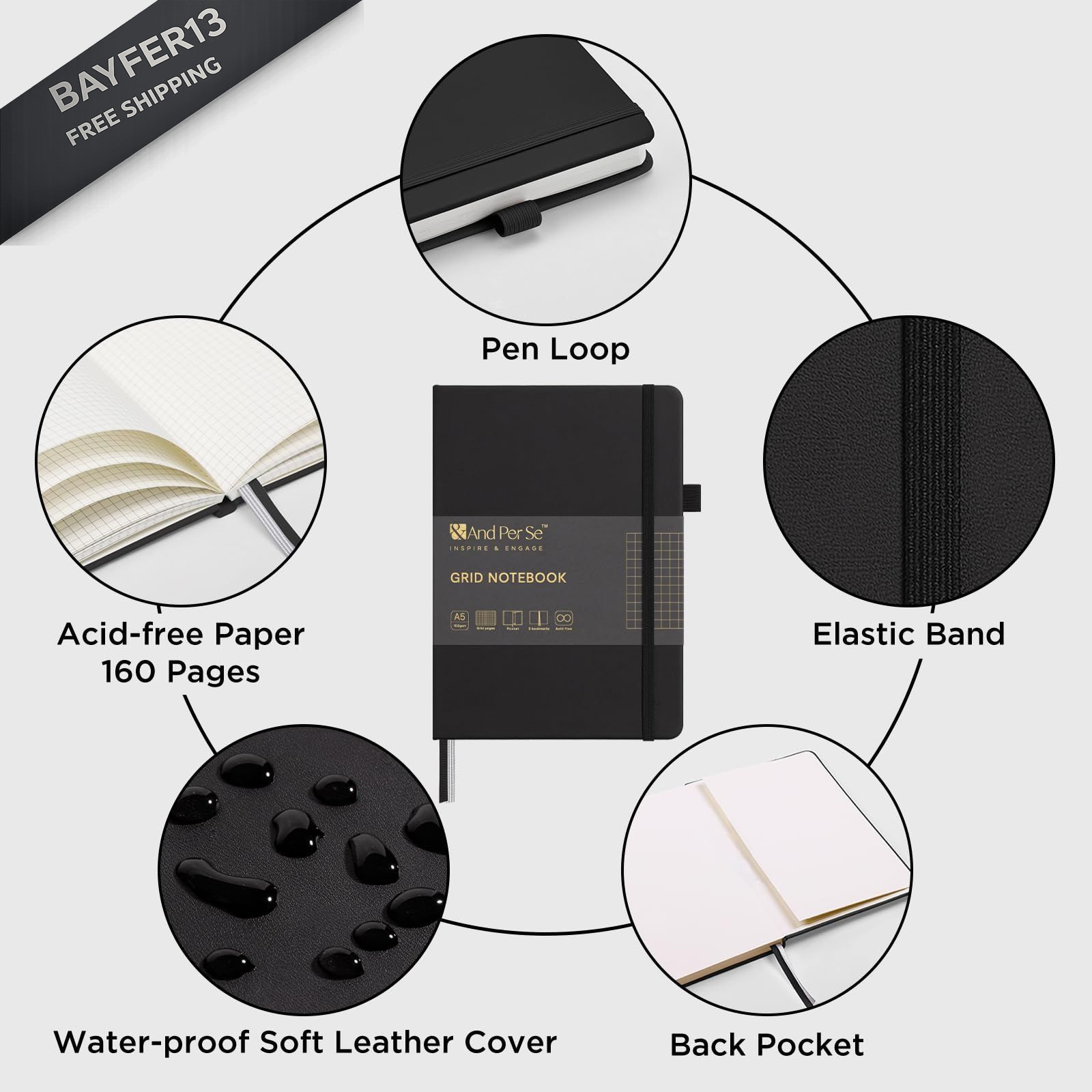 &And Per Se Graph Journal Notebook, 160 Pages, A5 5.7 x 8 inches 100 Black