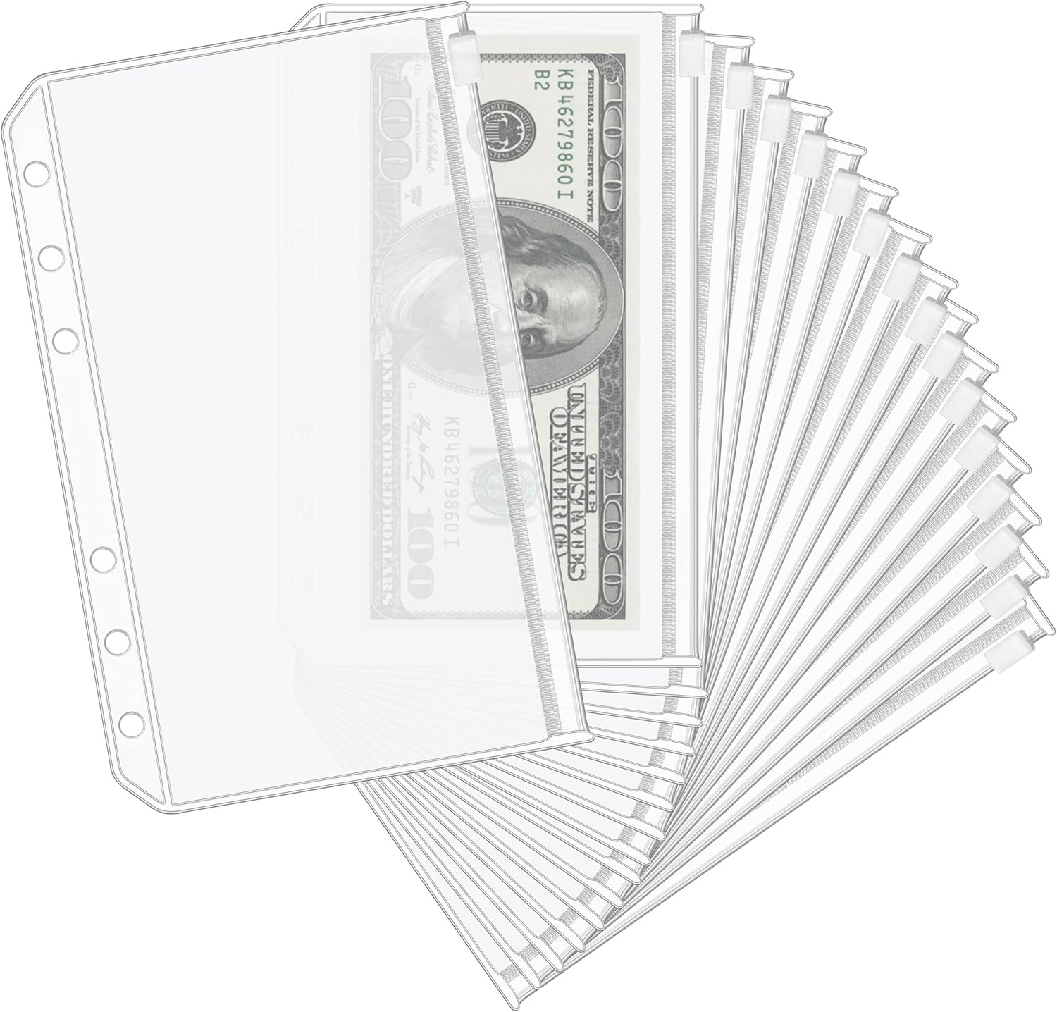 16PCS A6 Binder Pockets 6 Holes Cash Envelopes for Budgeting, Clear Zipper Pouch