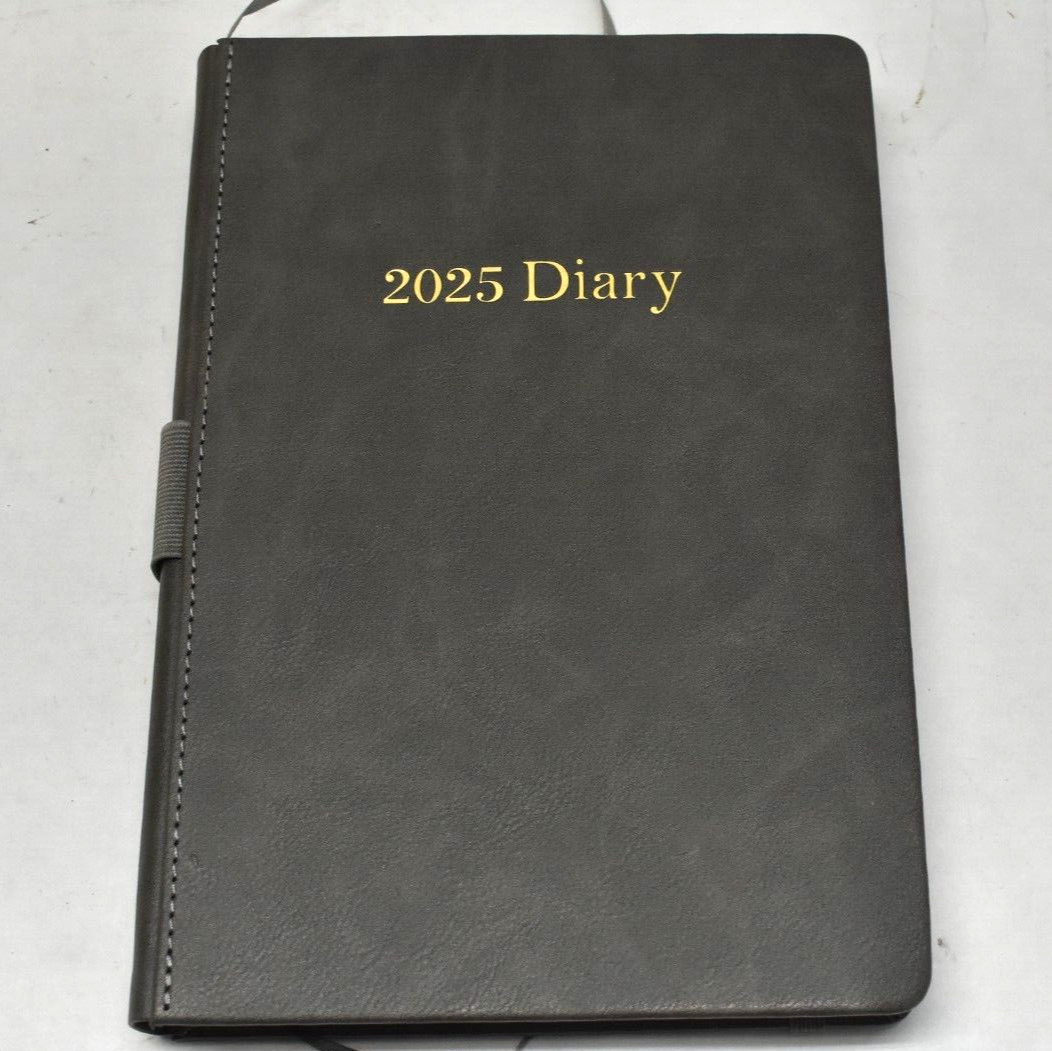 12 Month 2025 Diary Journal Notebook Hardcover Gray w Ribbon Marking