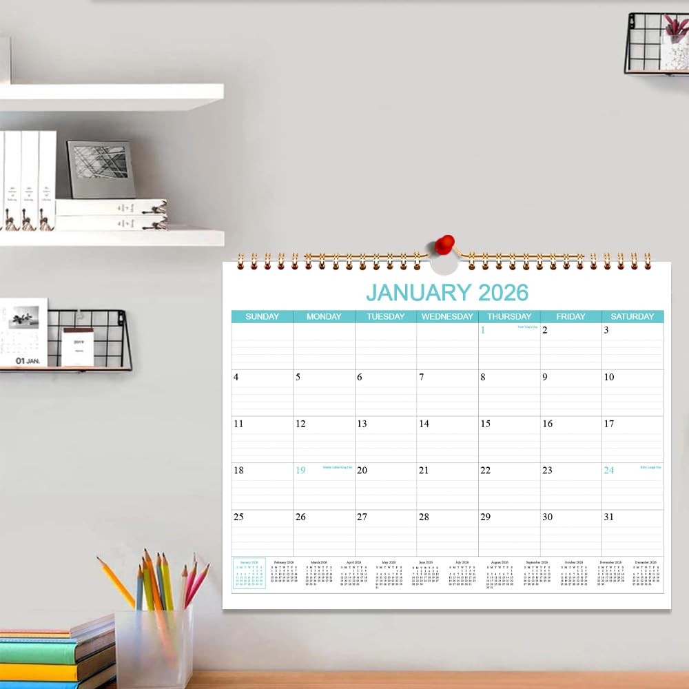Calendar 2026-2027 – Wall Runs Apr 2026 14.5″ x 11.5″ Teal, Holiday
