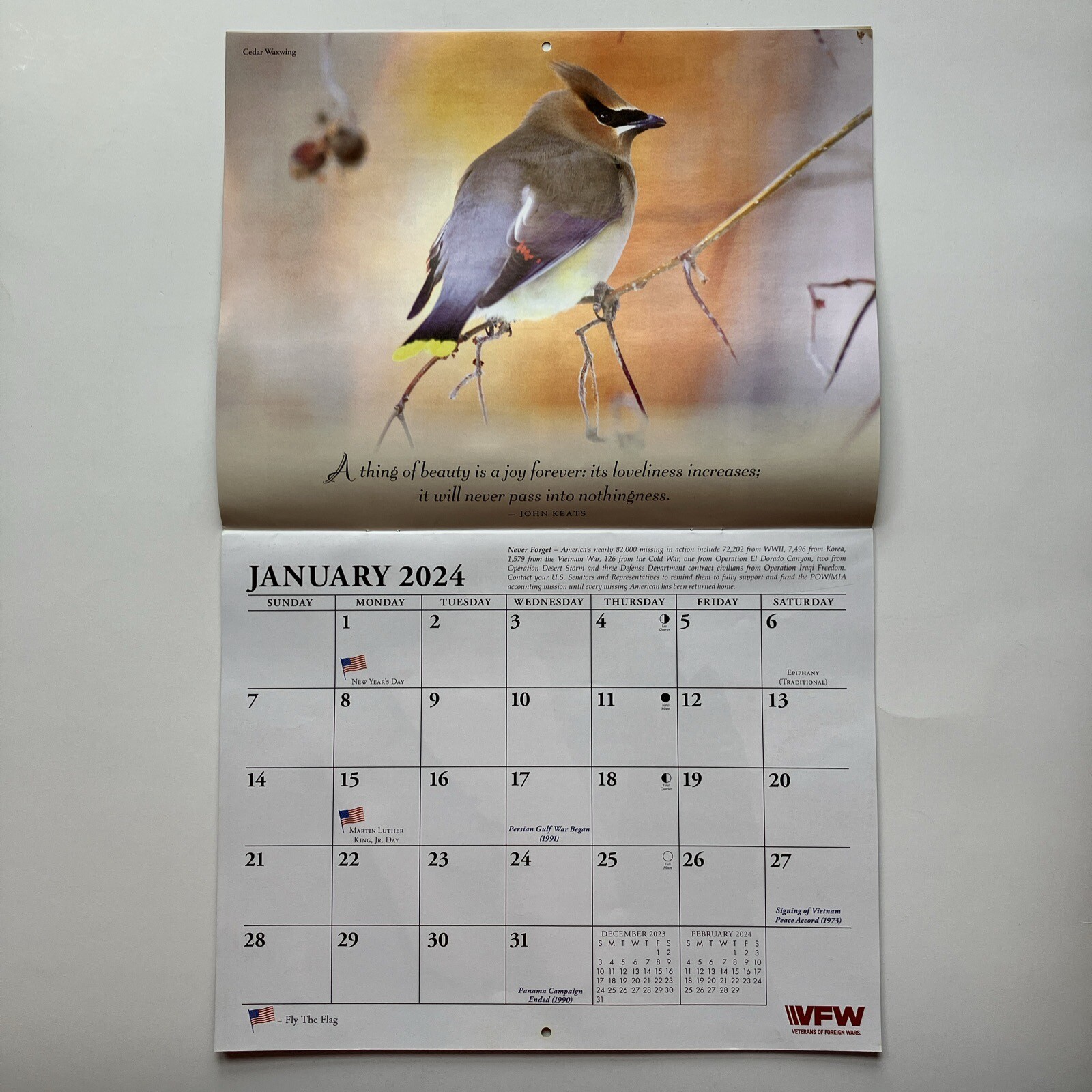 VFW Veterans of Foreign Wars Birds Nature Flowers 12 Month 2024 Wall Calendar