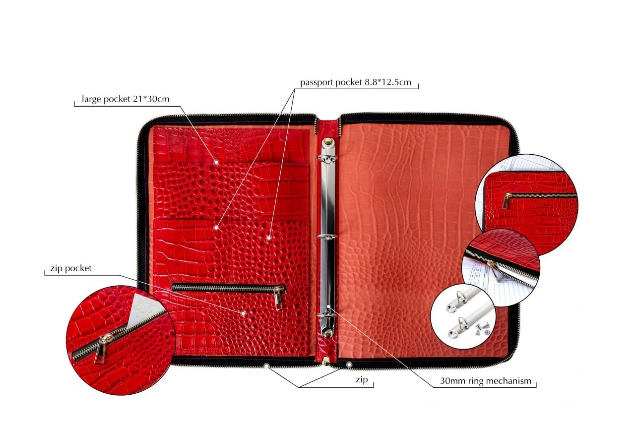Italian Leather A4 Portfolio. Pink A4 planner Zippered Binder.