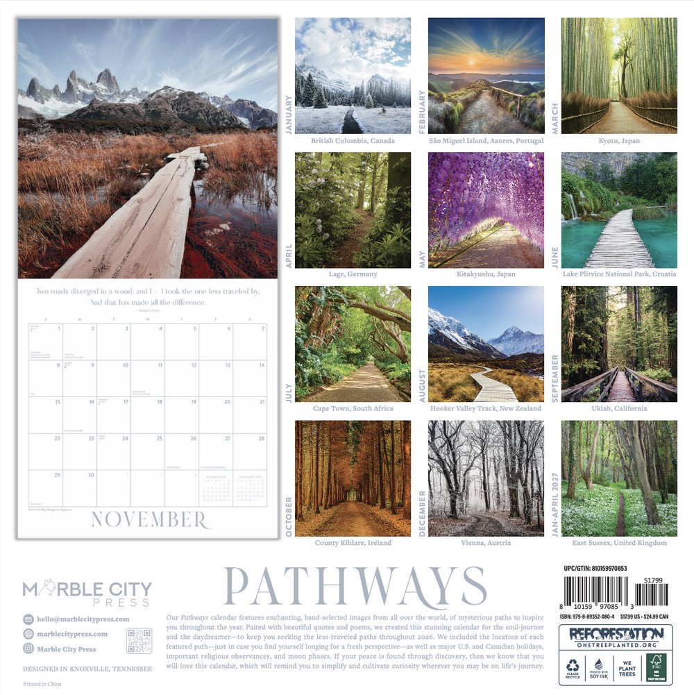 Pathways Calendar 2026 | 12″ x 24″ 12 Month Calendar | Marble City Press