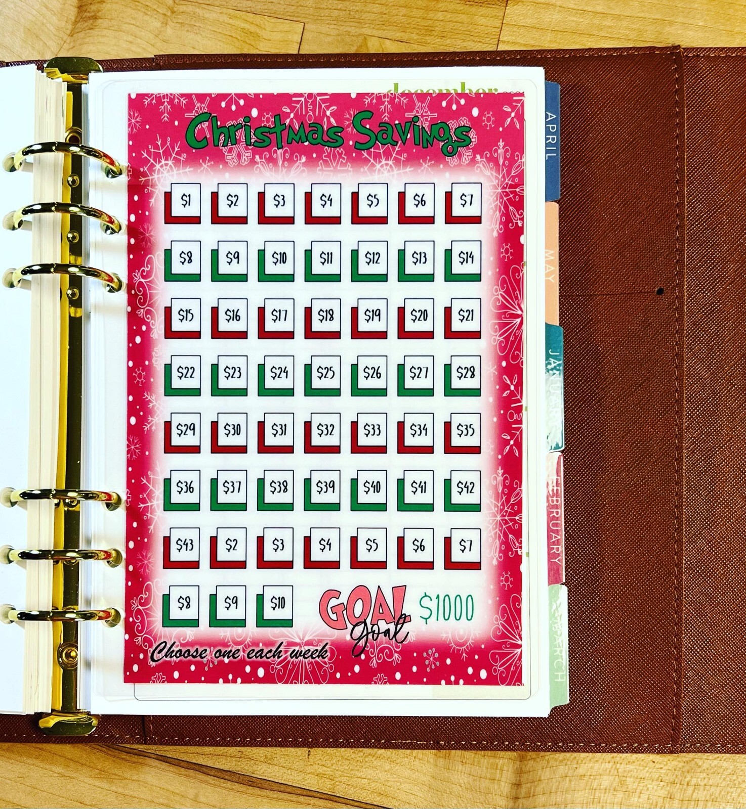 52 Week Xmas $1000 Savings Challenge Insert 4 use w/ ErinCondren A5 Ring Agenda