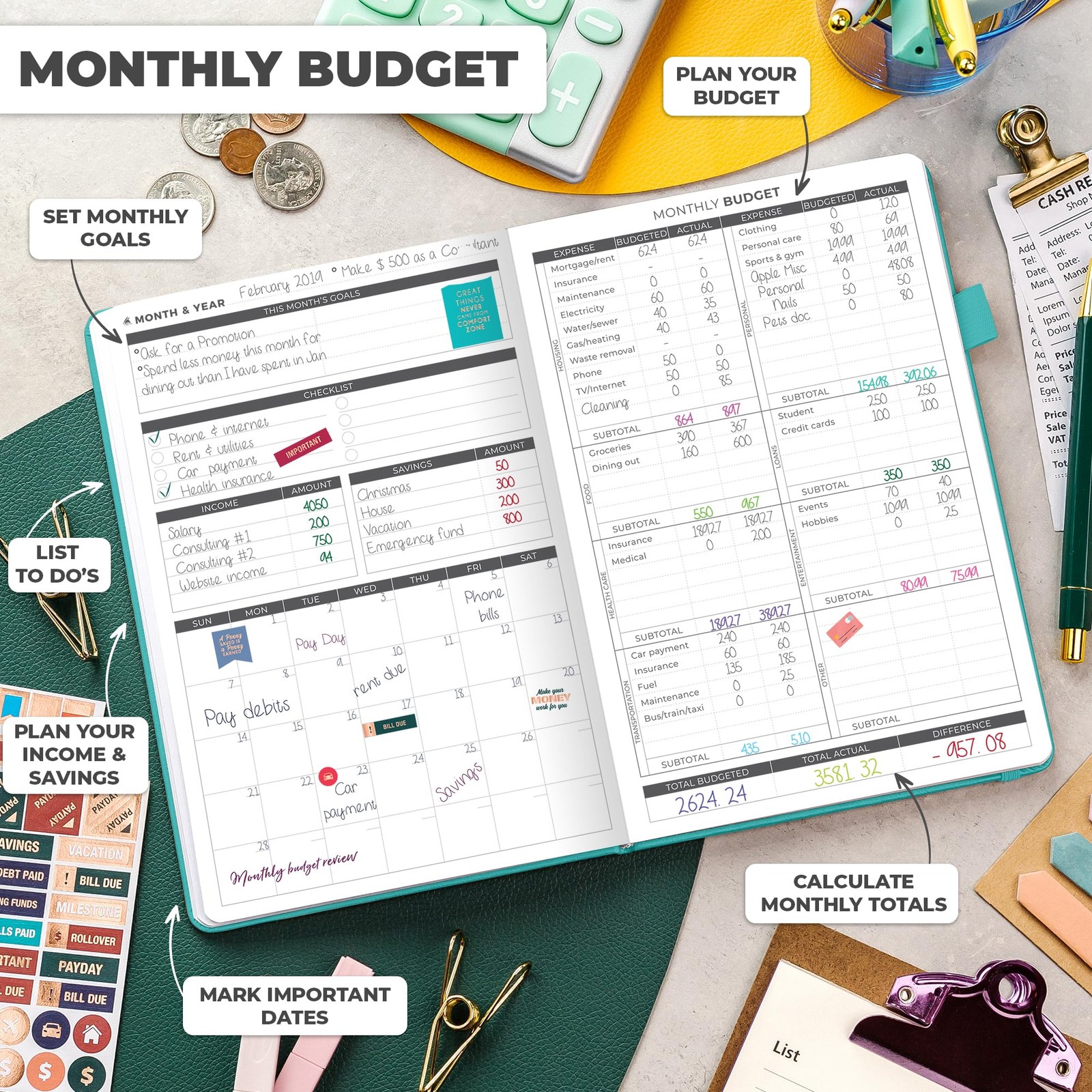 Clever Fox Budget Planner – Expense Tracker A5 (5.8” x 8.3”), Teal