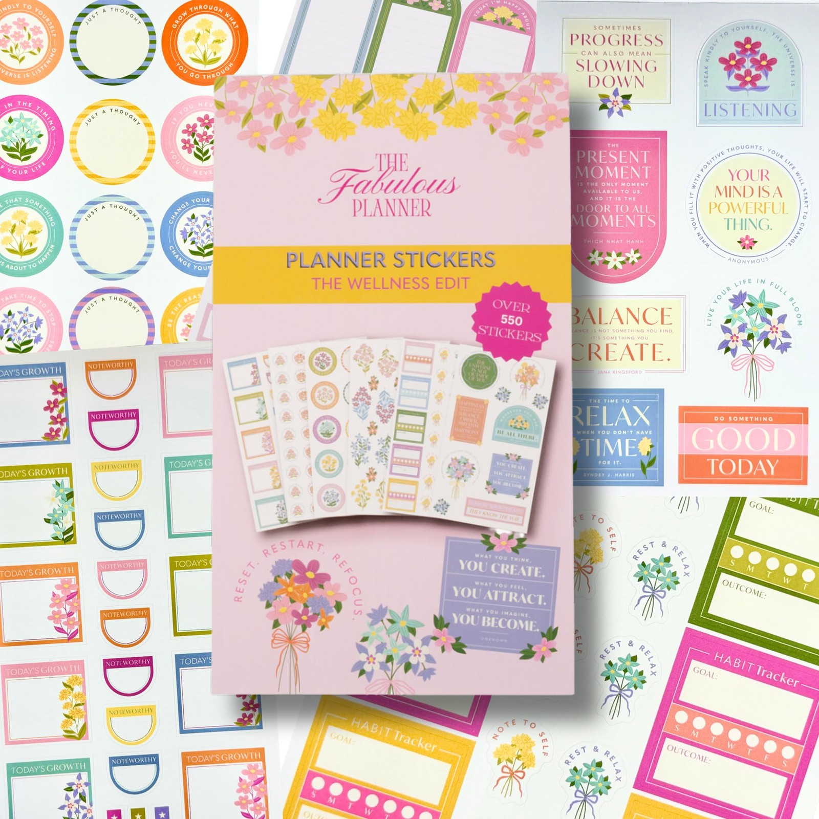 Wellness Sticker Book for Planners — 25 Sheets, 550+ Size: 9.5″ x 5.5″, Pink