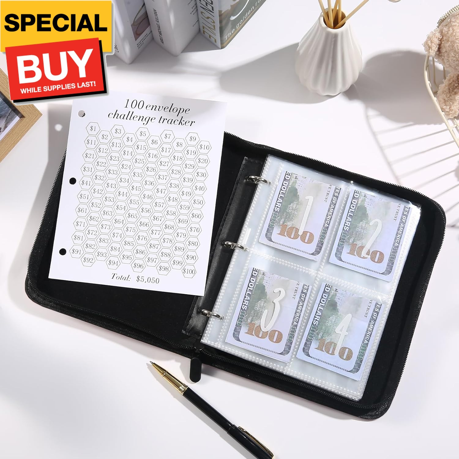 100 Envelopes Money Challenge Binder with Laminated Tracker, Budget Binder with