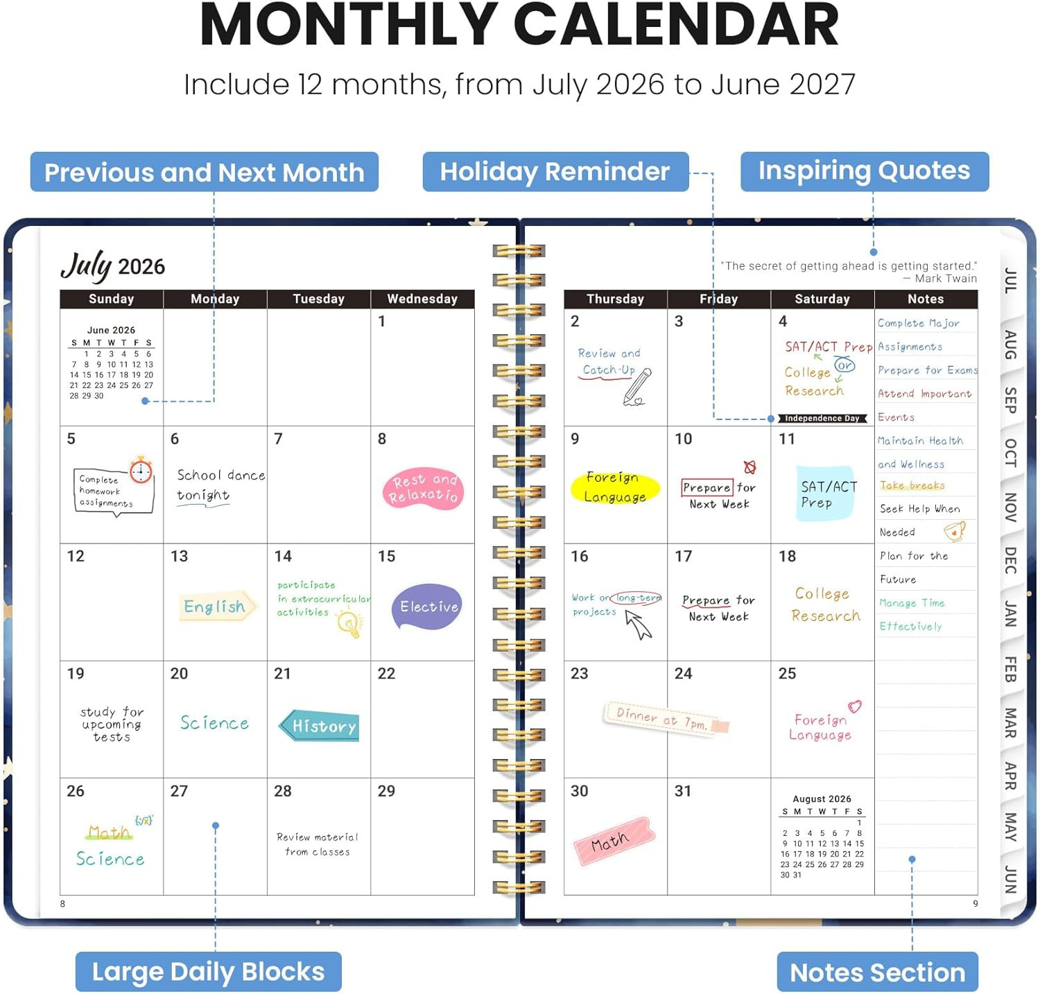 Planner 2026-2027, Monthly and Weekly Academic Planner July 2026 – June 2027,…