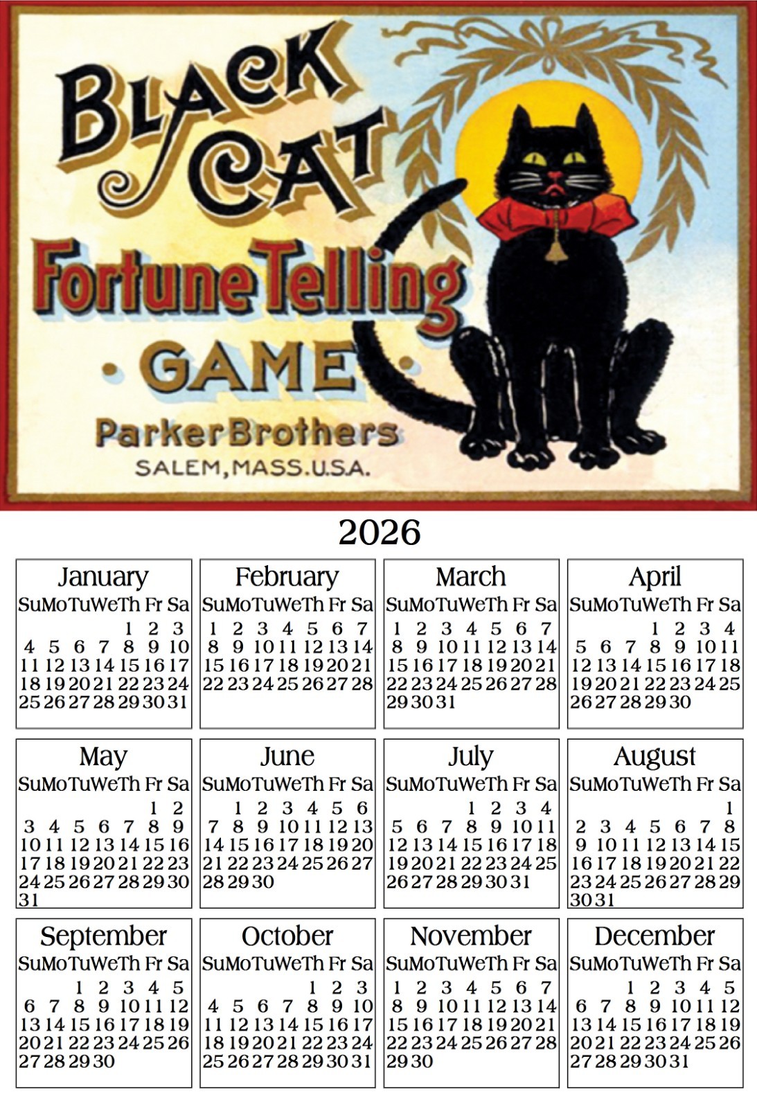 BLACK CAT FORTUNE TELLING GAME YEAR DESK KITCHEN FRIDGE 2026 CALENDAR MAGNET