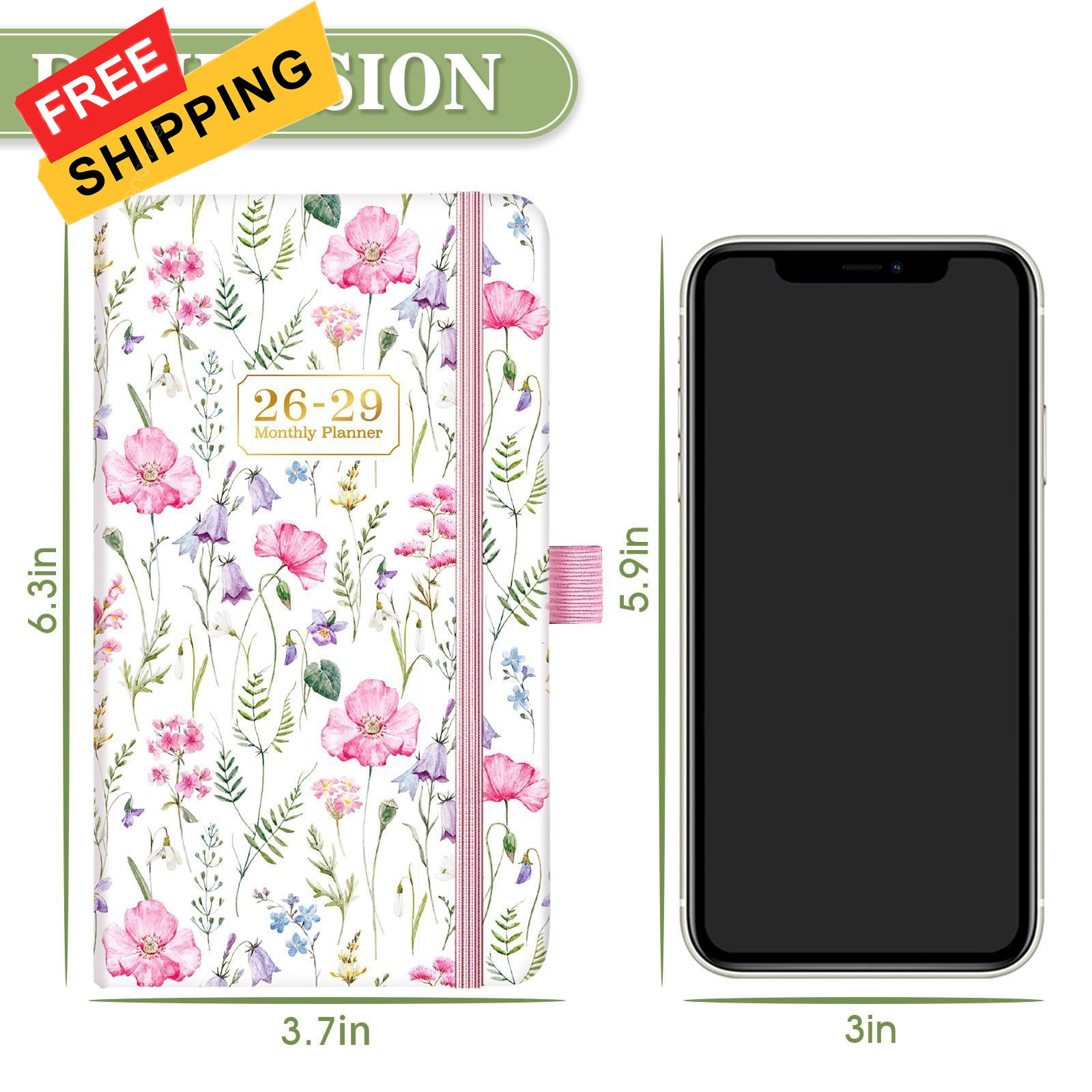 Pocket Calendar 2026-2029 – 3 Year 6.4 inches x 3.8 inches, Pink Flower