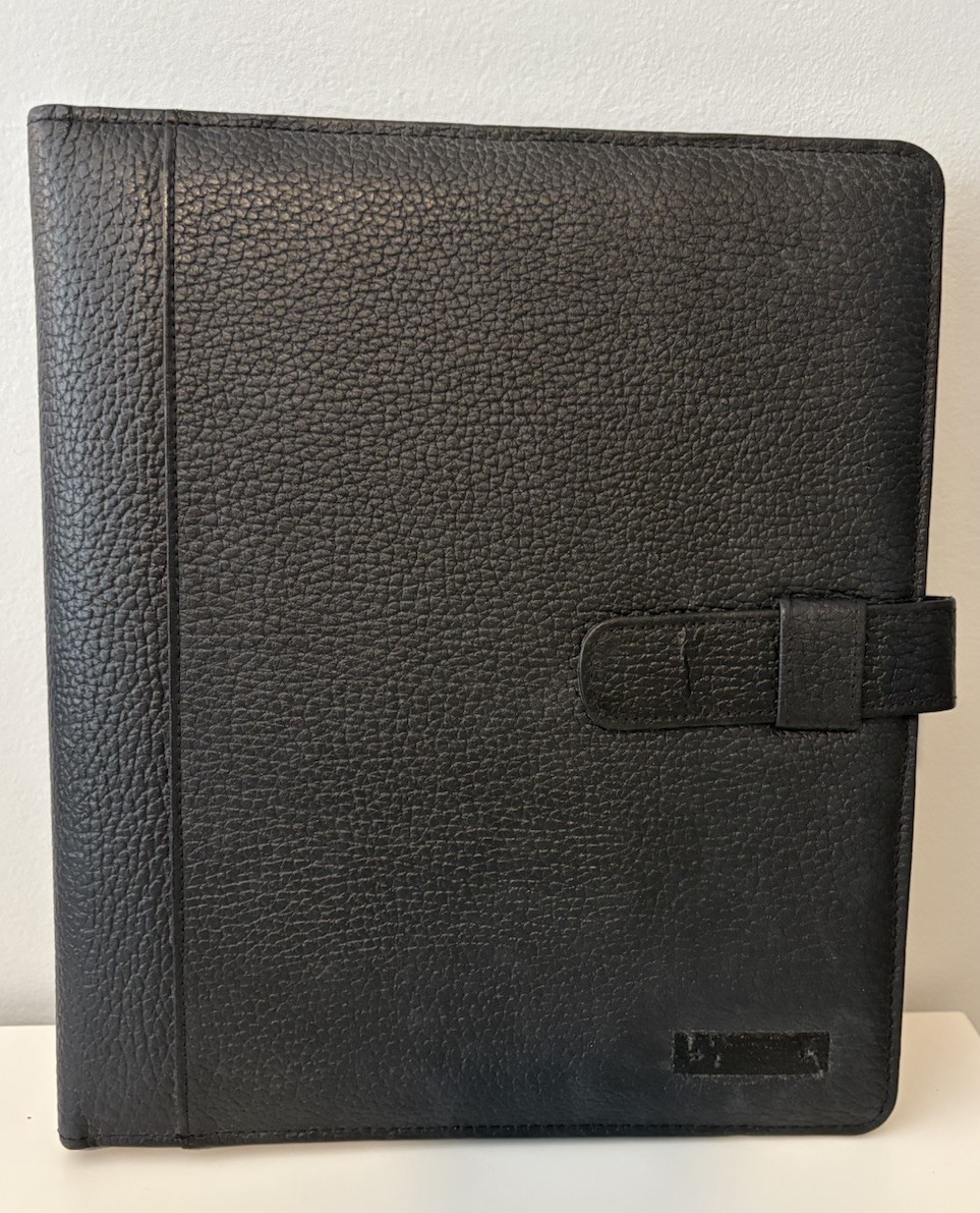 Vintage Day Timer Planner Binder Cover Black Pebbled Leather 7-Ring Memo Pad