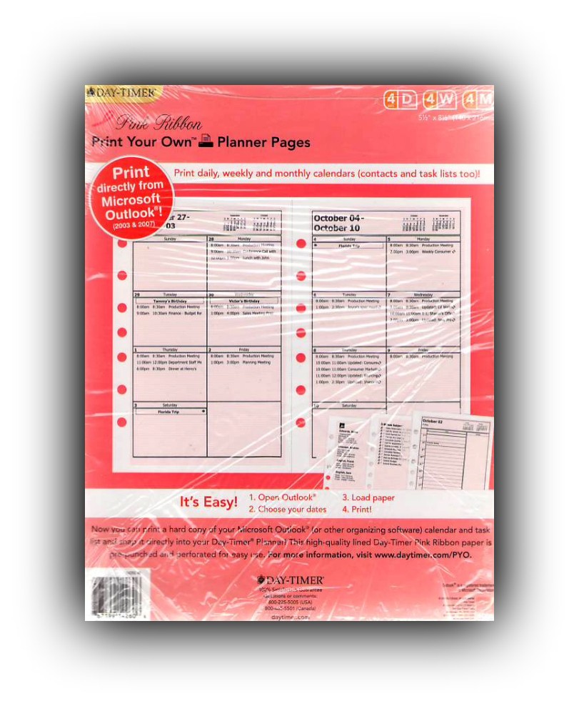 Day-Timer Planner Pink Ribbon Refill – Print Your Own Daily/Weekly/Monthly Pages