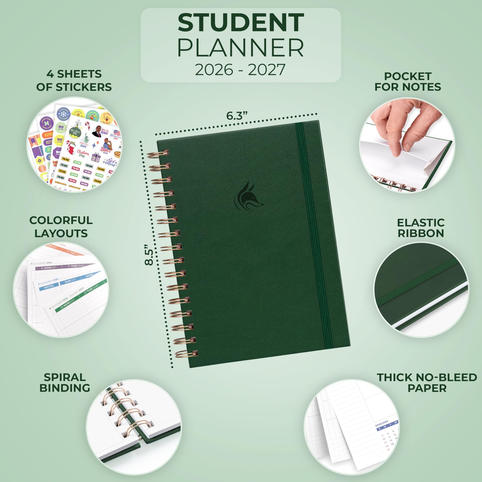 Clever Fox Academic Student Planner 2026-2027 – 6.3x 8.5″, Forest Green