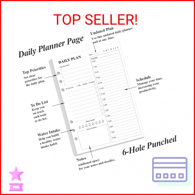 6-Hole Punched To Do List Insert – Undated Daily Planner Refill for A5 Binder,10
