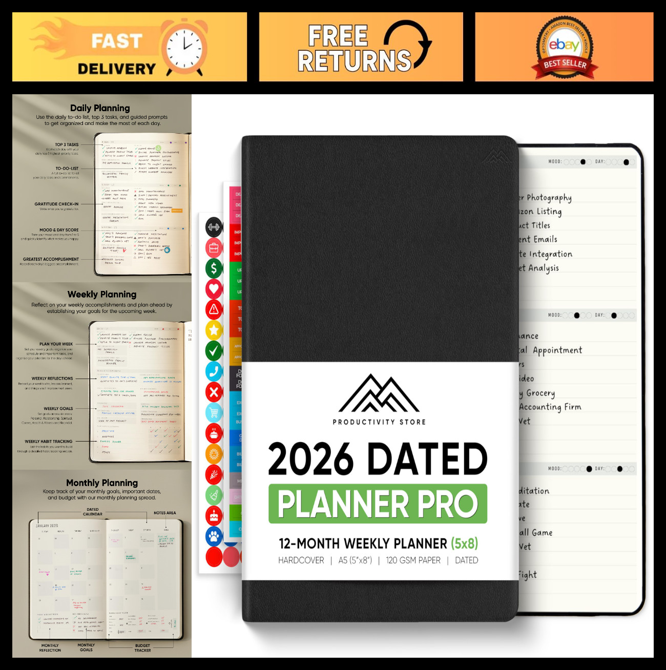 2026 Planner A5 Size 5.8” x 8.3” – Ultimate Productivity Organizer for Goal Sett