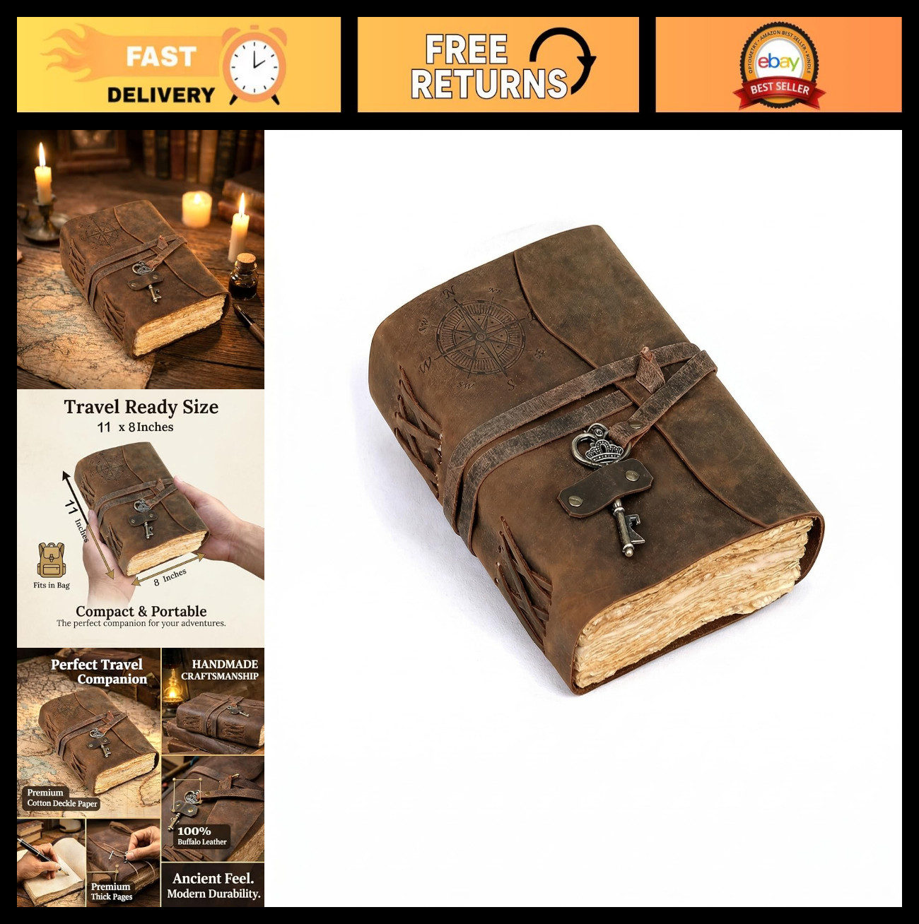 Vintage Leather Journal, Handmade Antique Diary with Deckle Edge Paper, 11×8 Inc