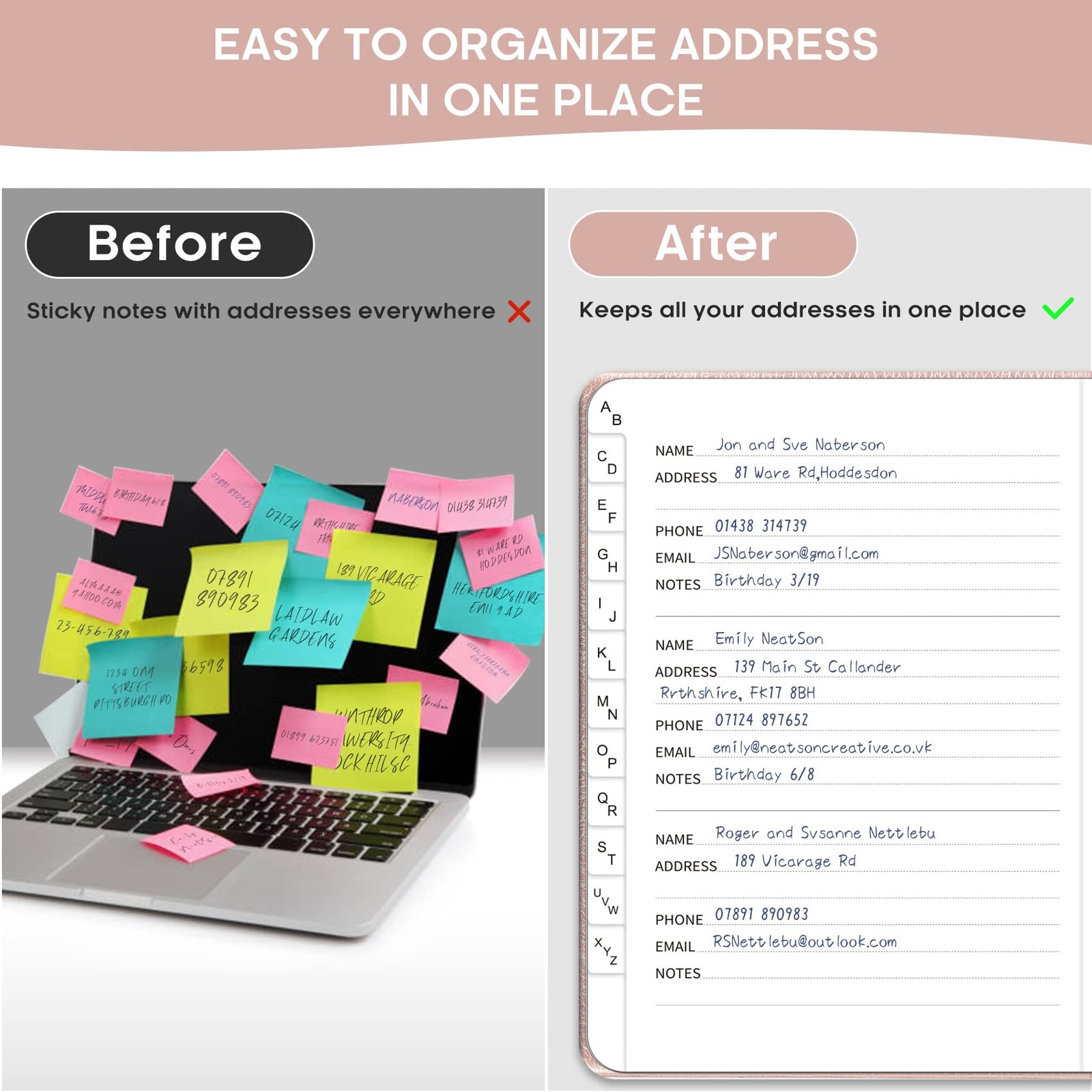 Taja Address Book with Alphabetical 158 pages, 5.2 x 6.8 inches, A- Rose Gold